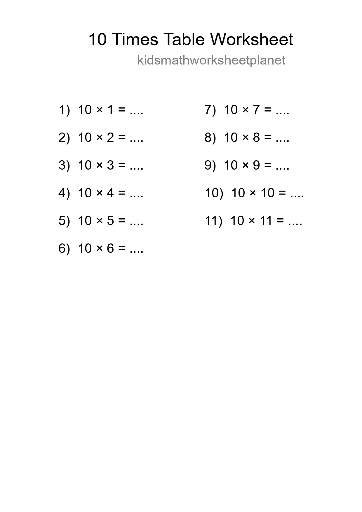10 Times Table Worksheet For Grade 3 - Part 141