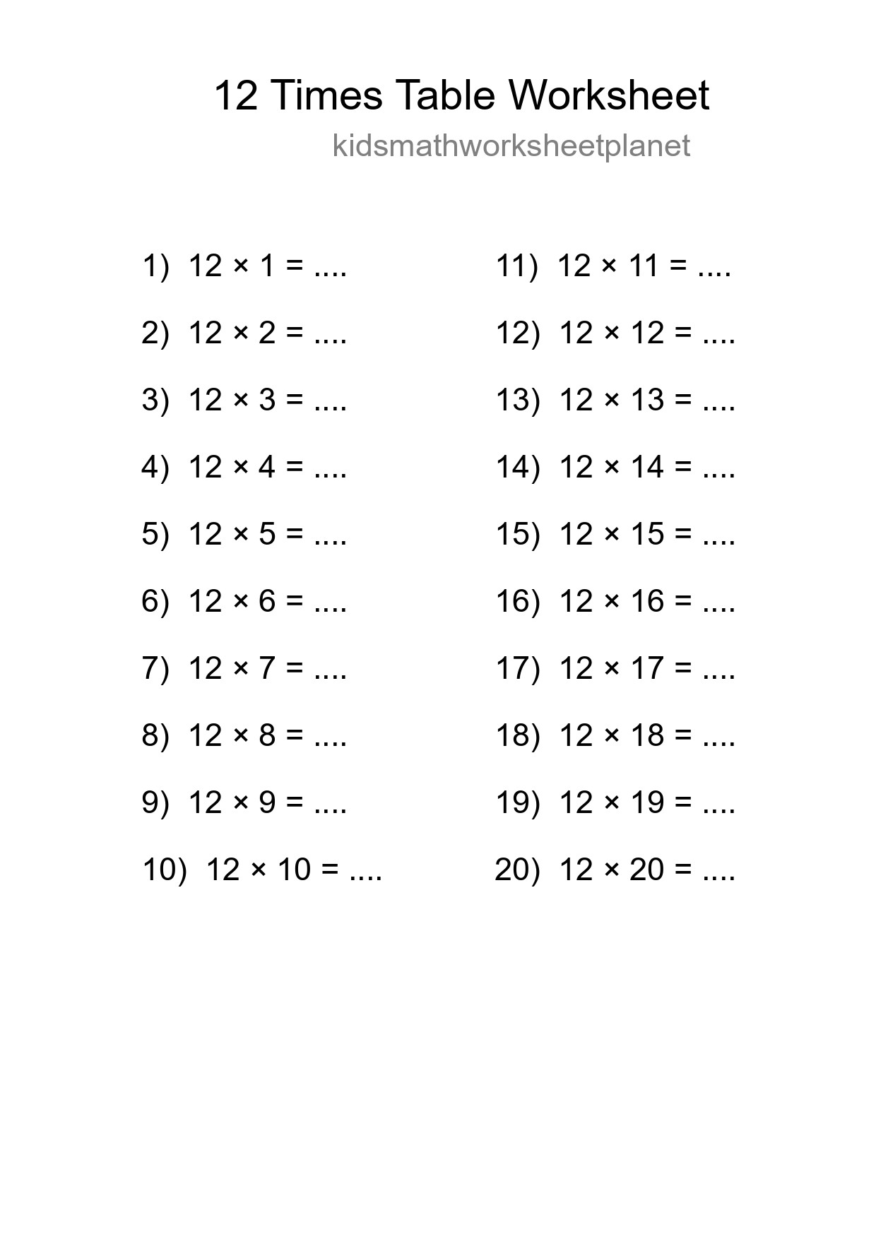 12 Times Table Worksheet For Grade 4 - Part 174