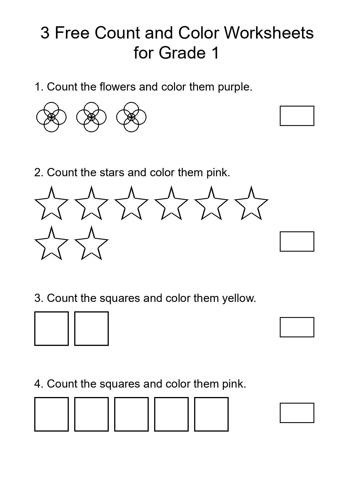 3 Free Count and Color Worksheets for Grade 1
