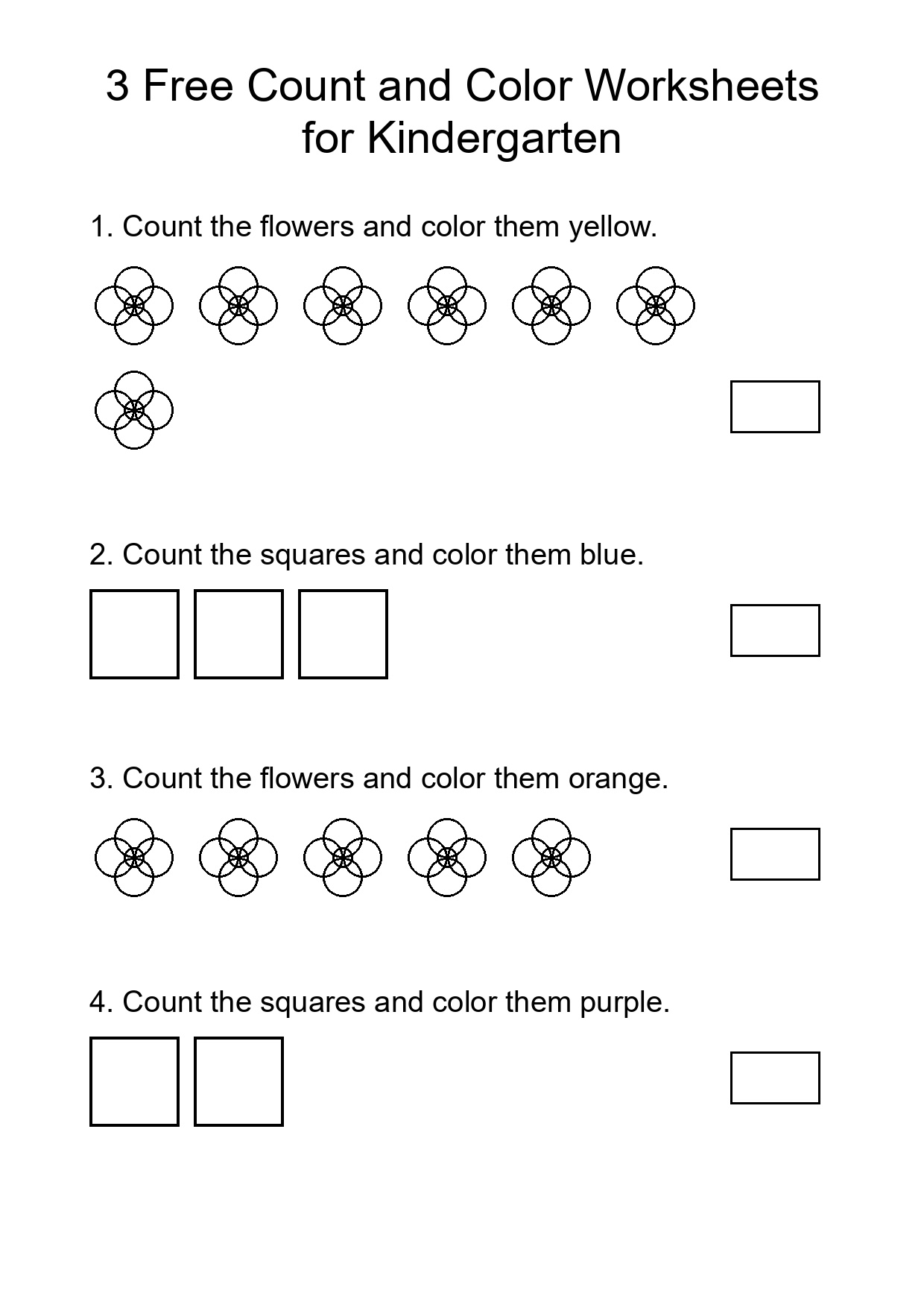 3 Free Count and Color Worksheets for Kindergarten