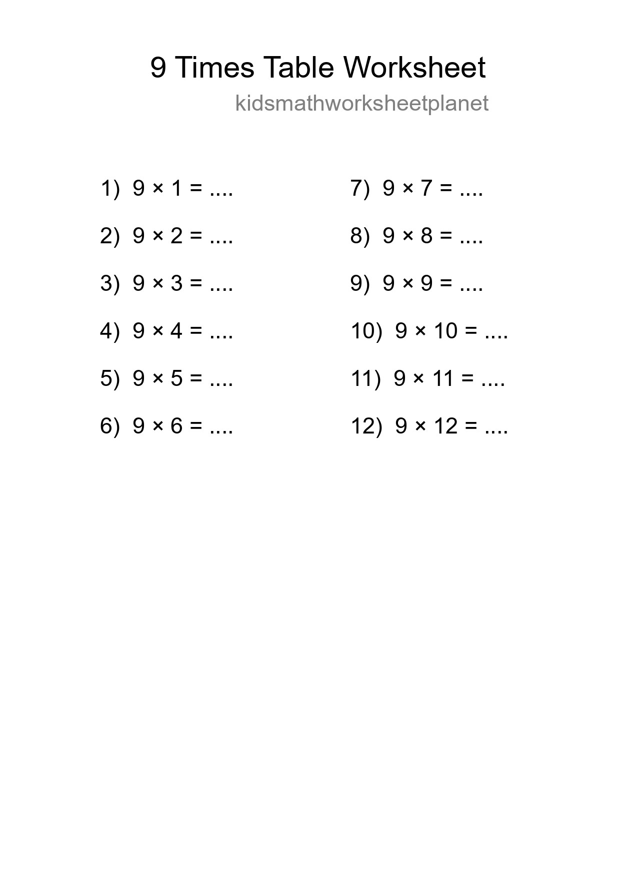 9 Times Table Worksheet For Grade 3 With Answers - Part 152