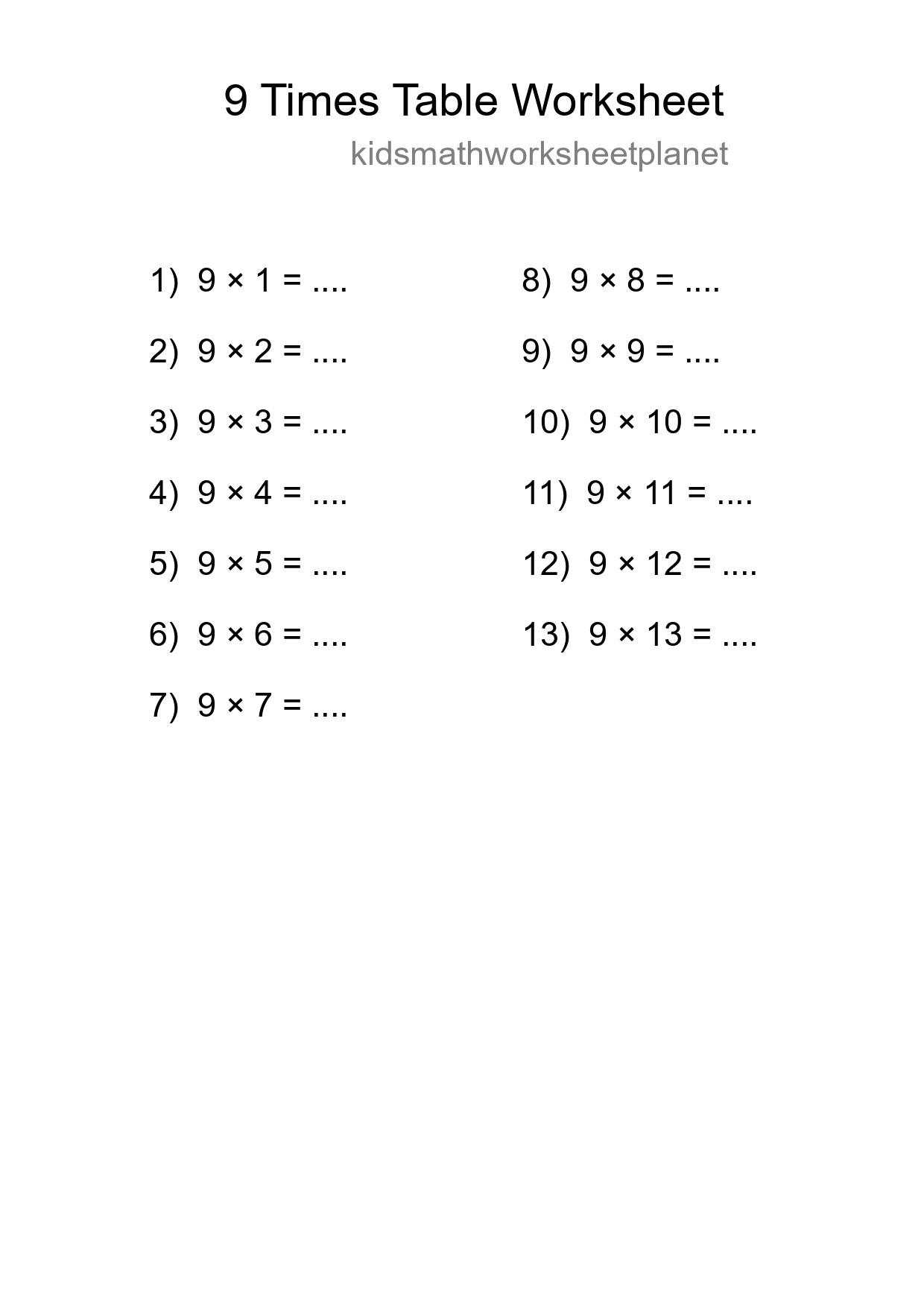 9 Times Table Worksheet For Grade 3 With Answers - Part 251