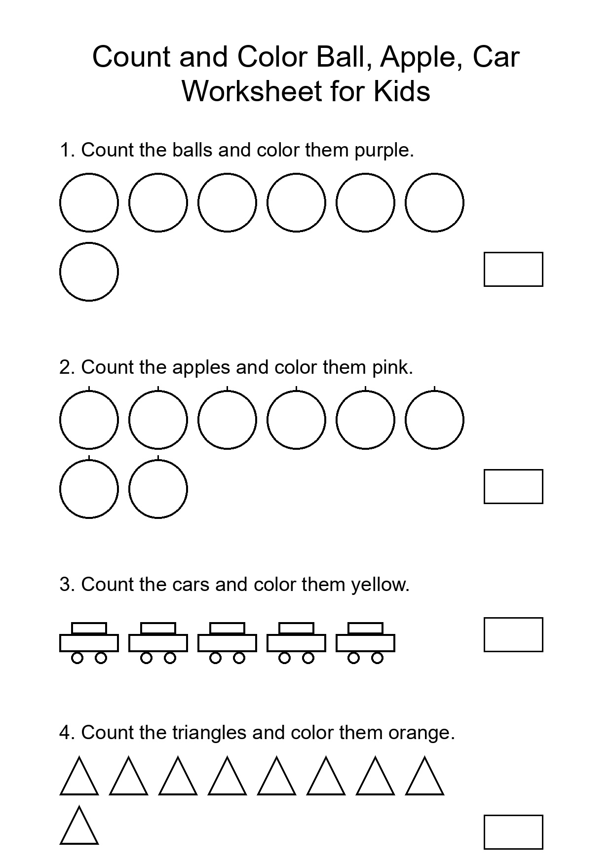 Count and Color Ball, Apple, Car Worksheet for Kids