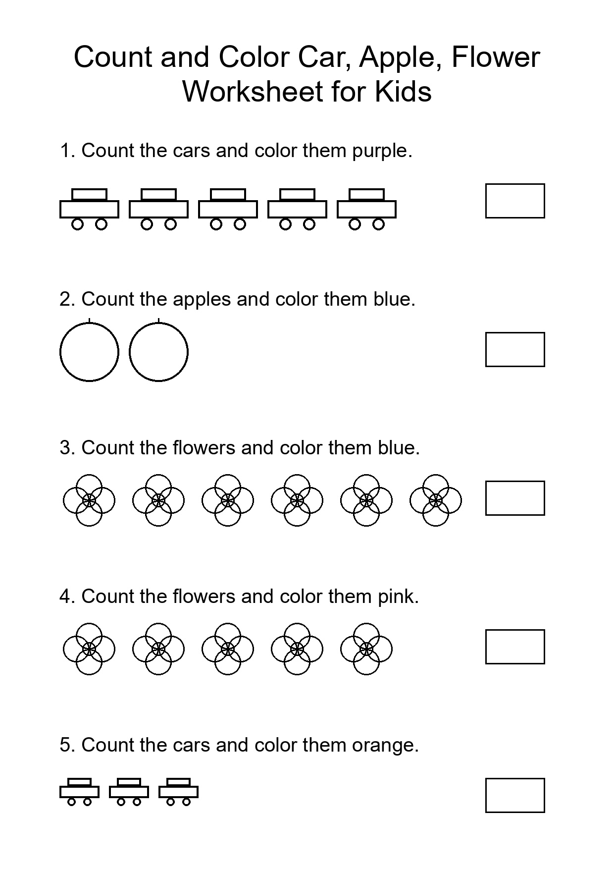 Count and Color Car, Apple, Flower Worksheet for Kids
