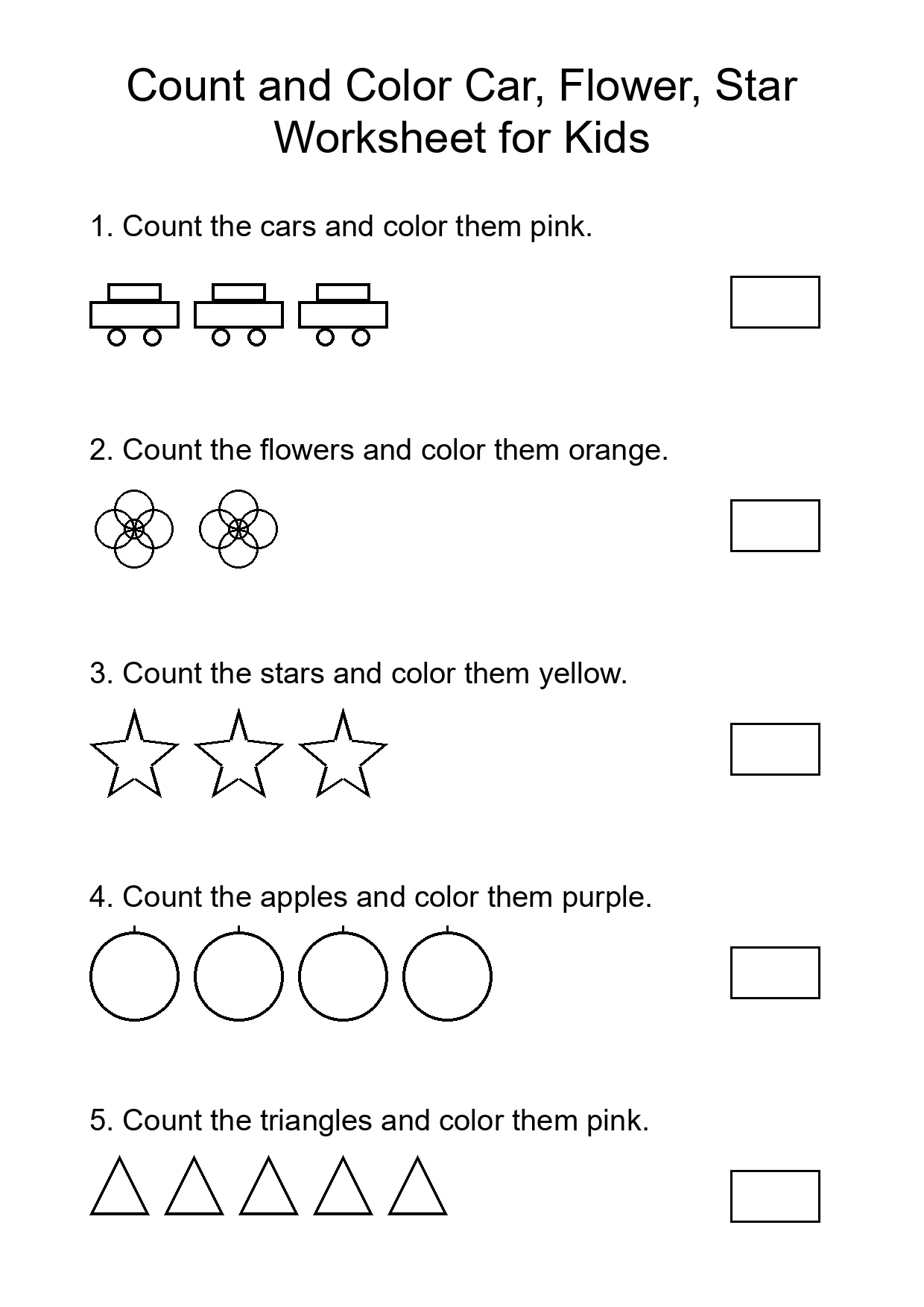 Count and Color Car, Flower, Star Worksheet for Kids