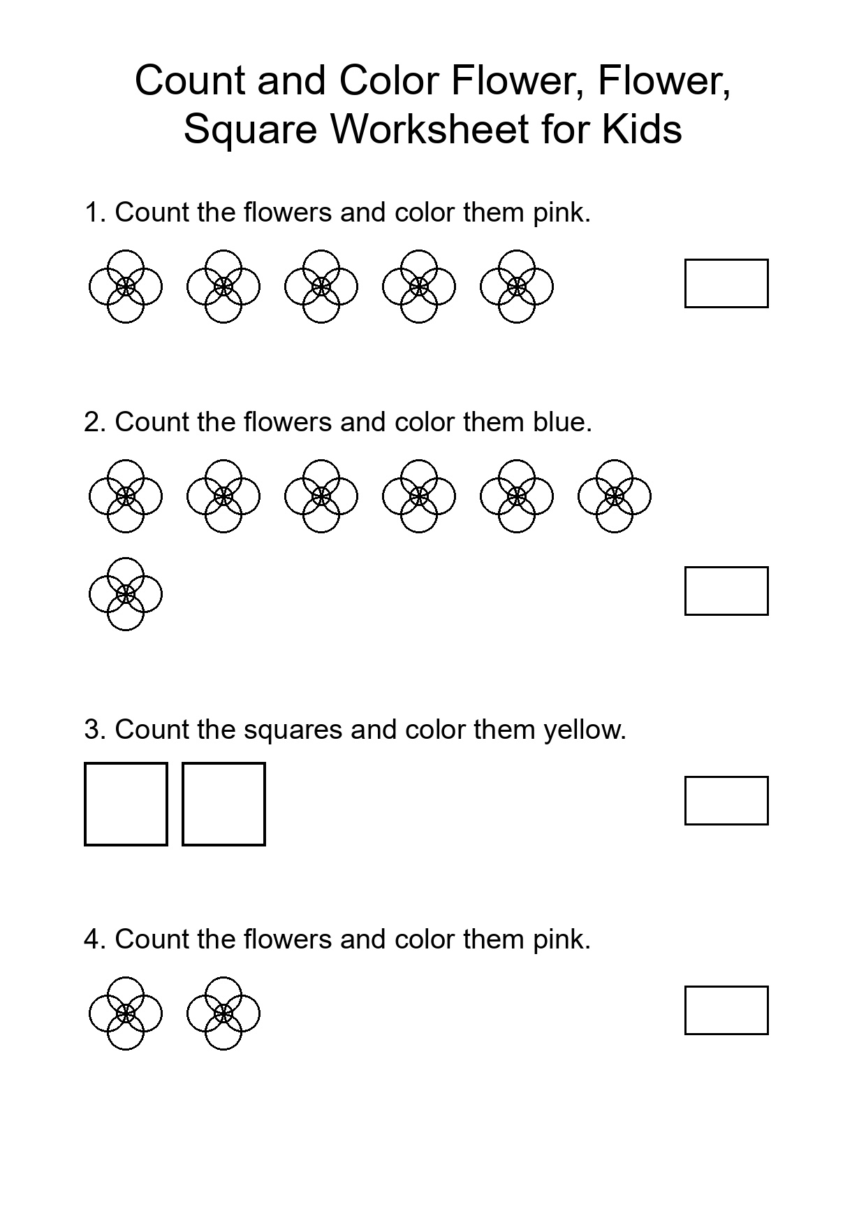 Count and Color Flower, Flower, Square Worksheet for Kids