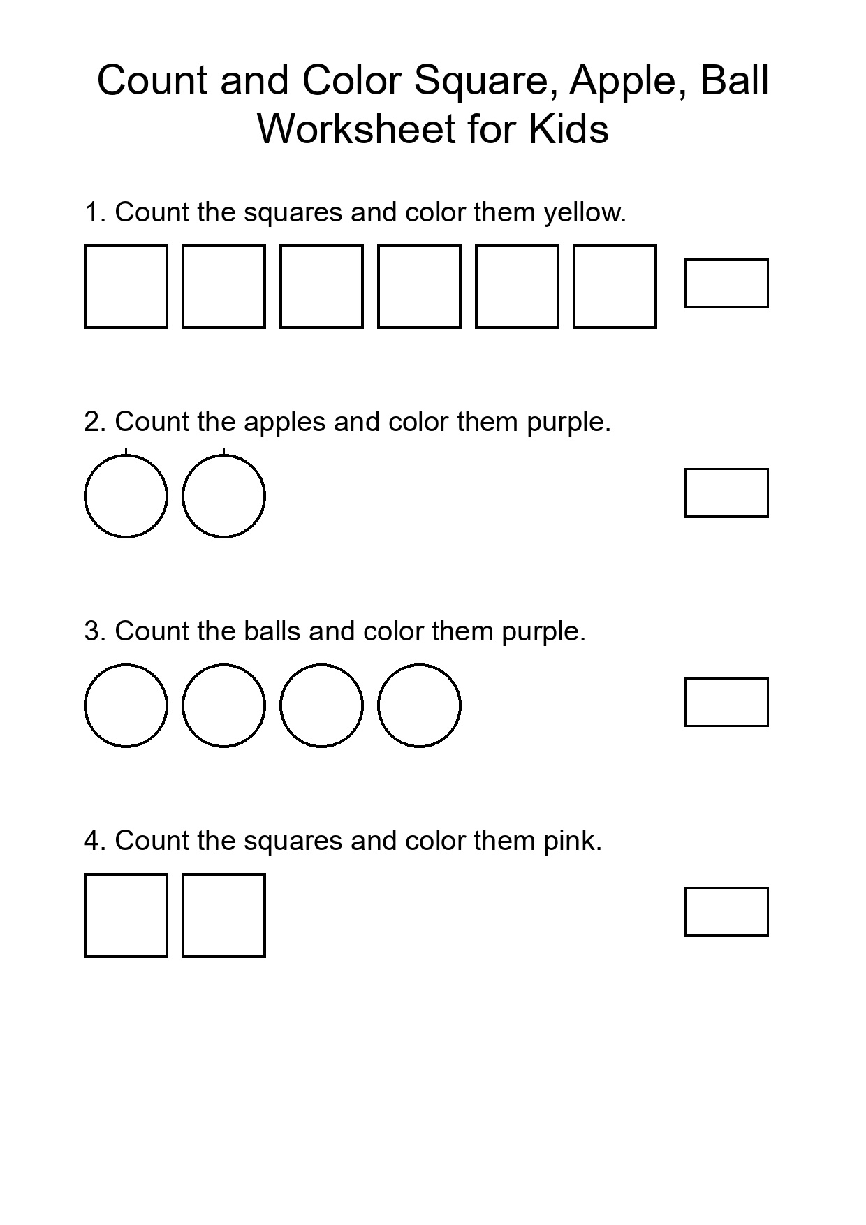 Count and Color Square, Apple, Ball Worksheet for Kids