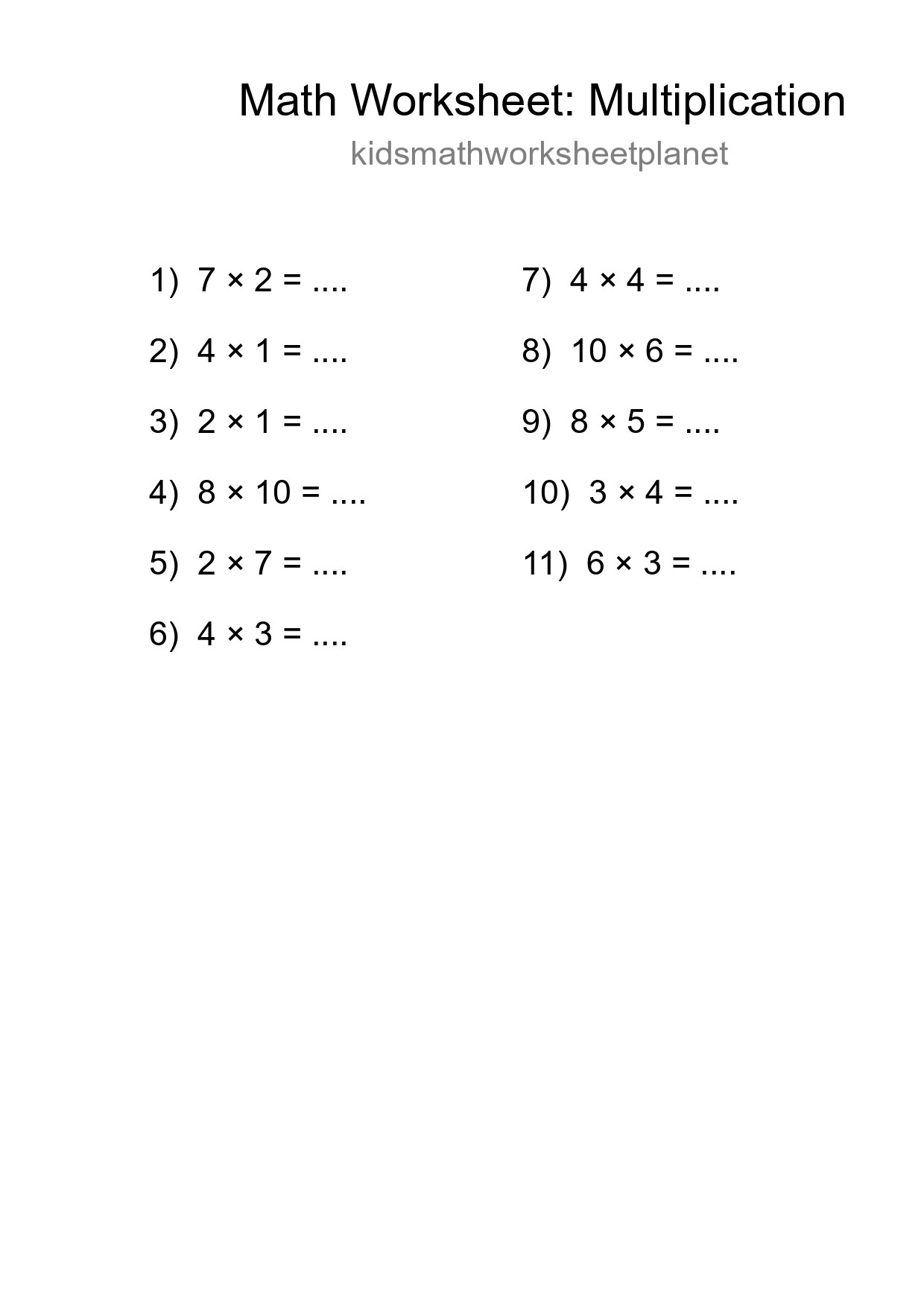 Free 11 Multiplication Math Worksheet For Grade 1 With Answers - Part 150
