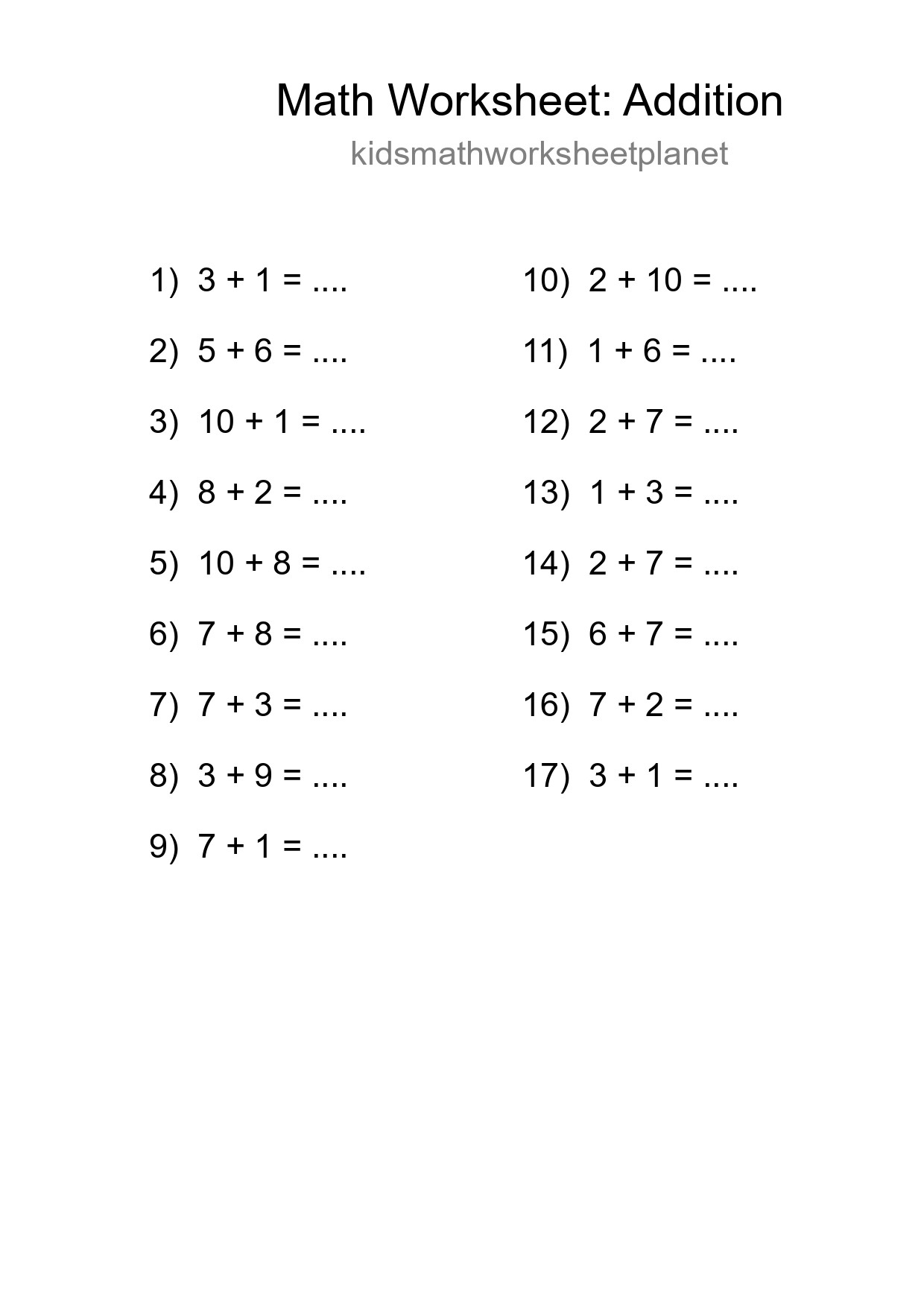 Free 17 Addition Math Worksheet For Grade 1 With Answers - Part 199