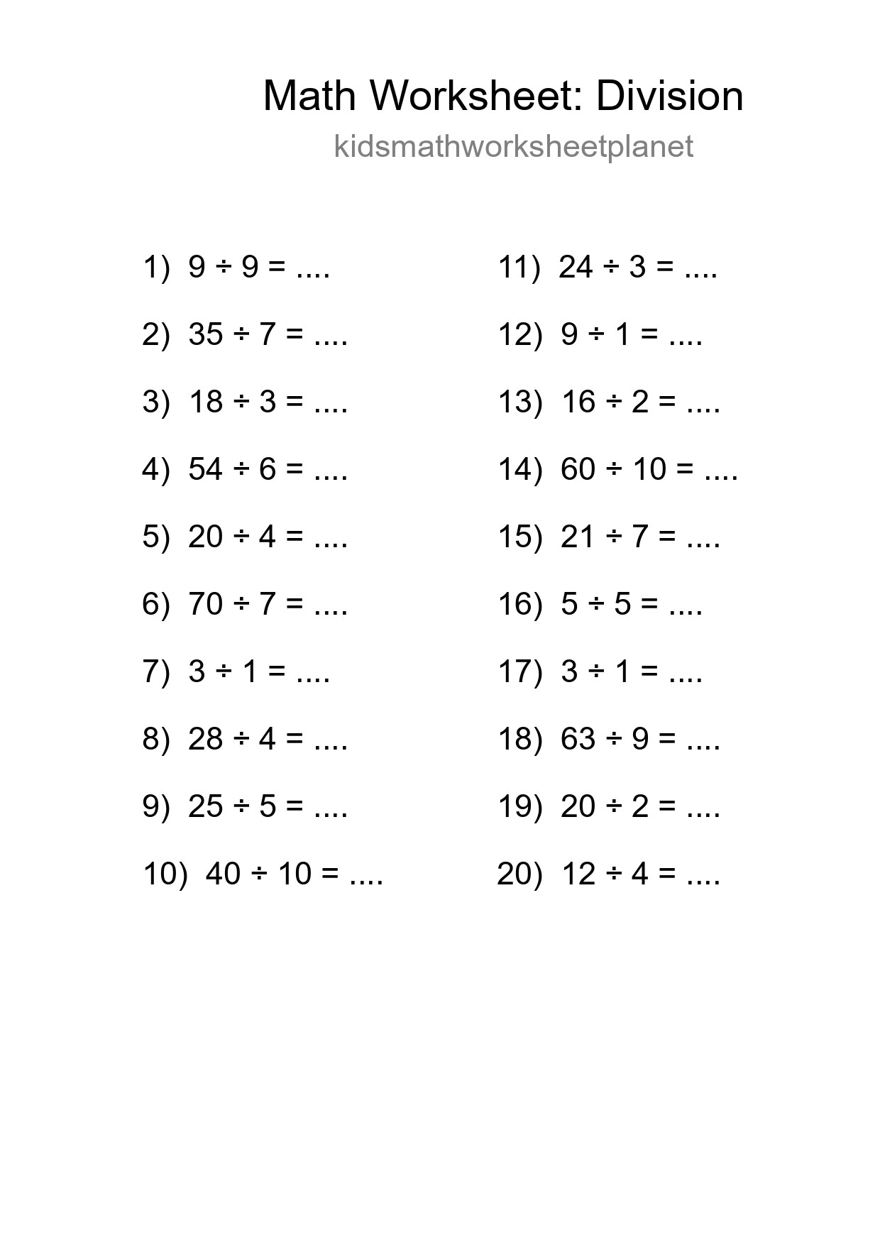 Free 20 Division Math Worksheet For Grade 1 - Part 257