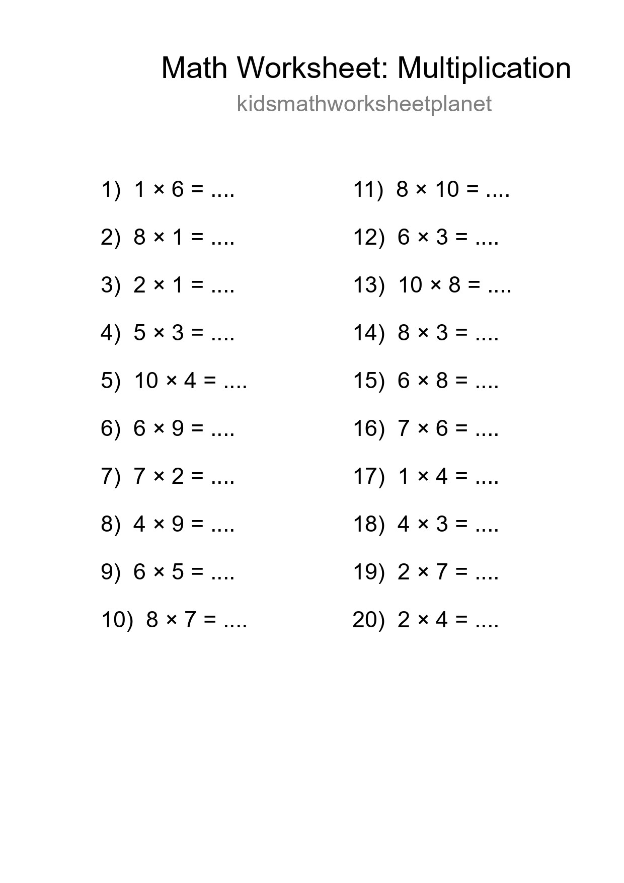 Free 20 Multiplication Math Worksheet For Grade 1 With Answers - Part 227