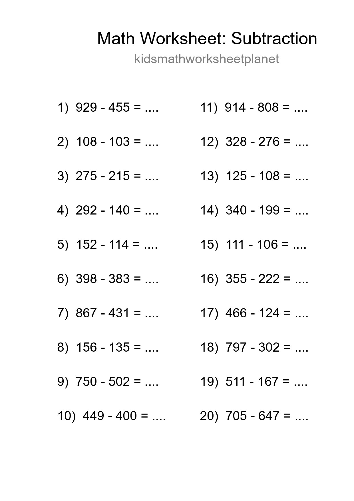 Free 20 Subtraction Math Worksheet For Grade 5 - Part 294