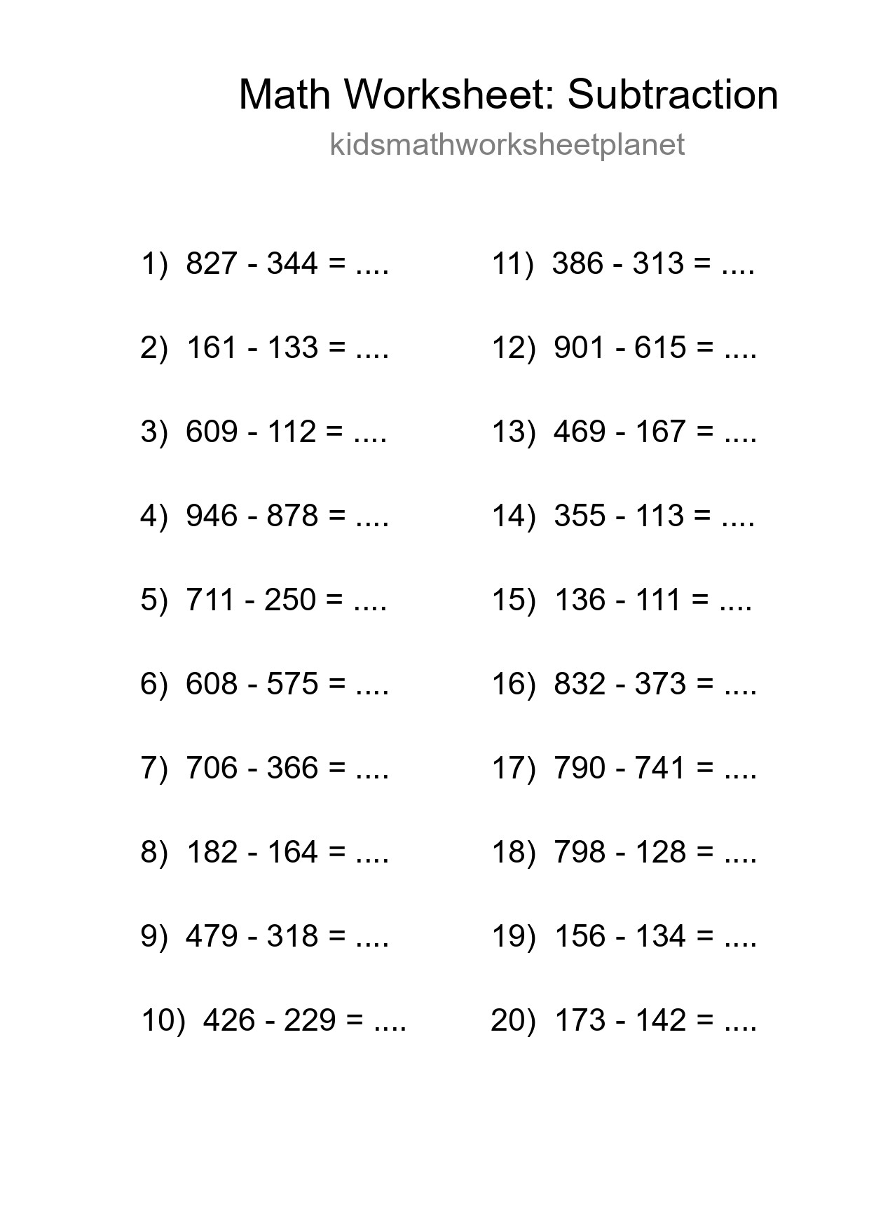 Free 20 Subtraction Math Worksheet For Grade 5 With Answers - Part 261