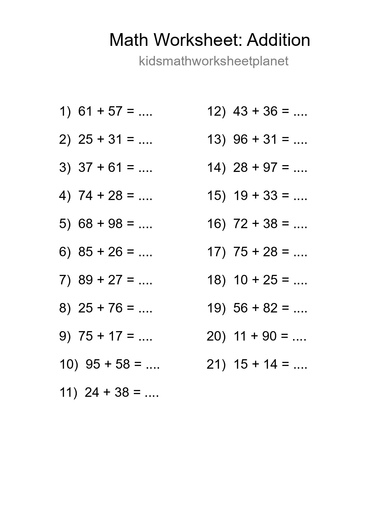 Free 21 Addition Math Worksheet For Grade 3 With Answers - Part 122