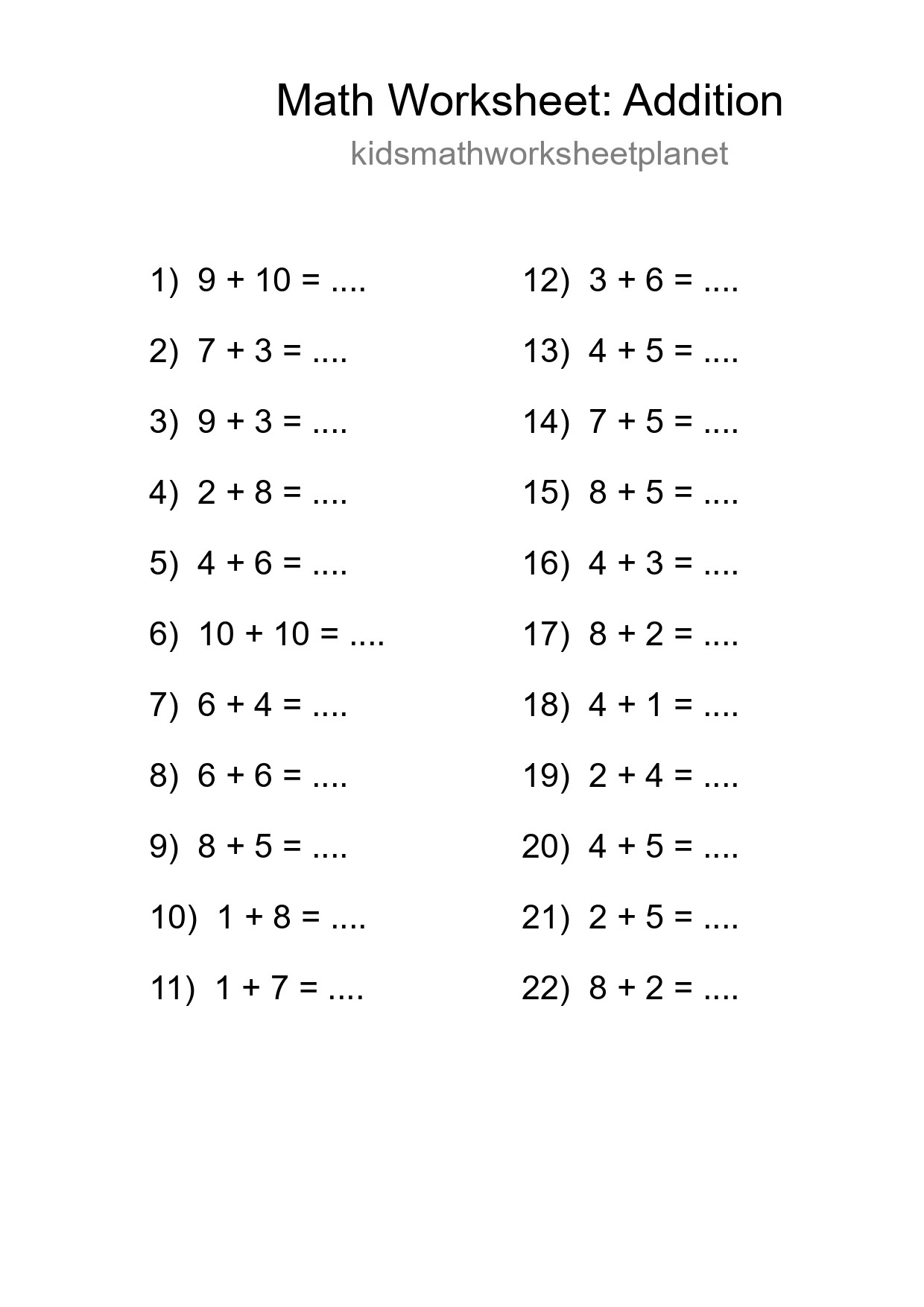 Free 22 Addition Math Worksheet For Grade 1 - Part 276