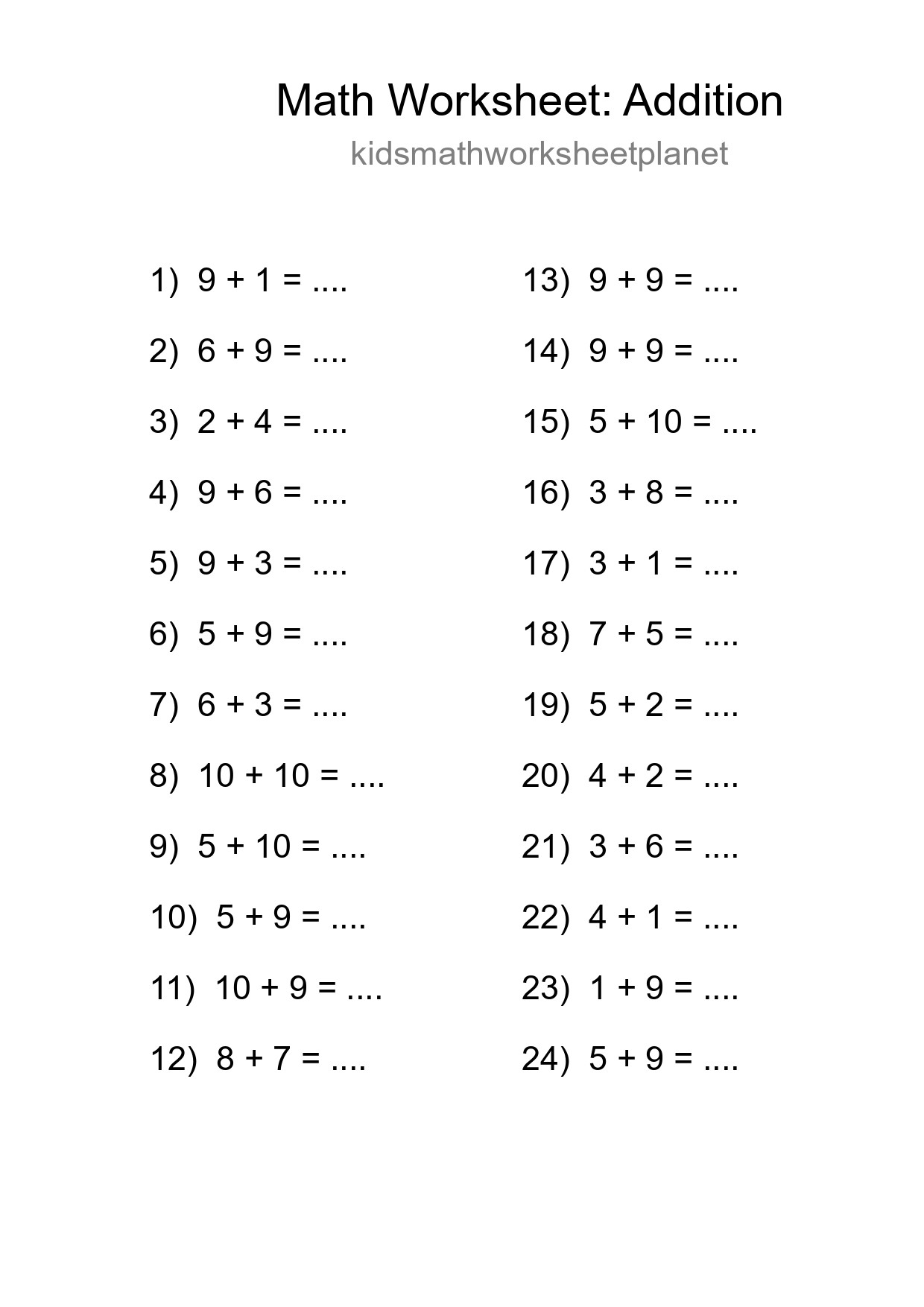 Free 24 Addition Math Worksheet For Grade 1 - Part 144