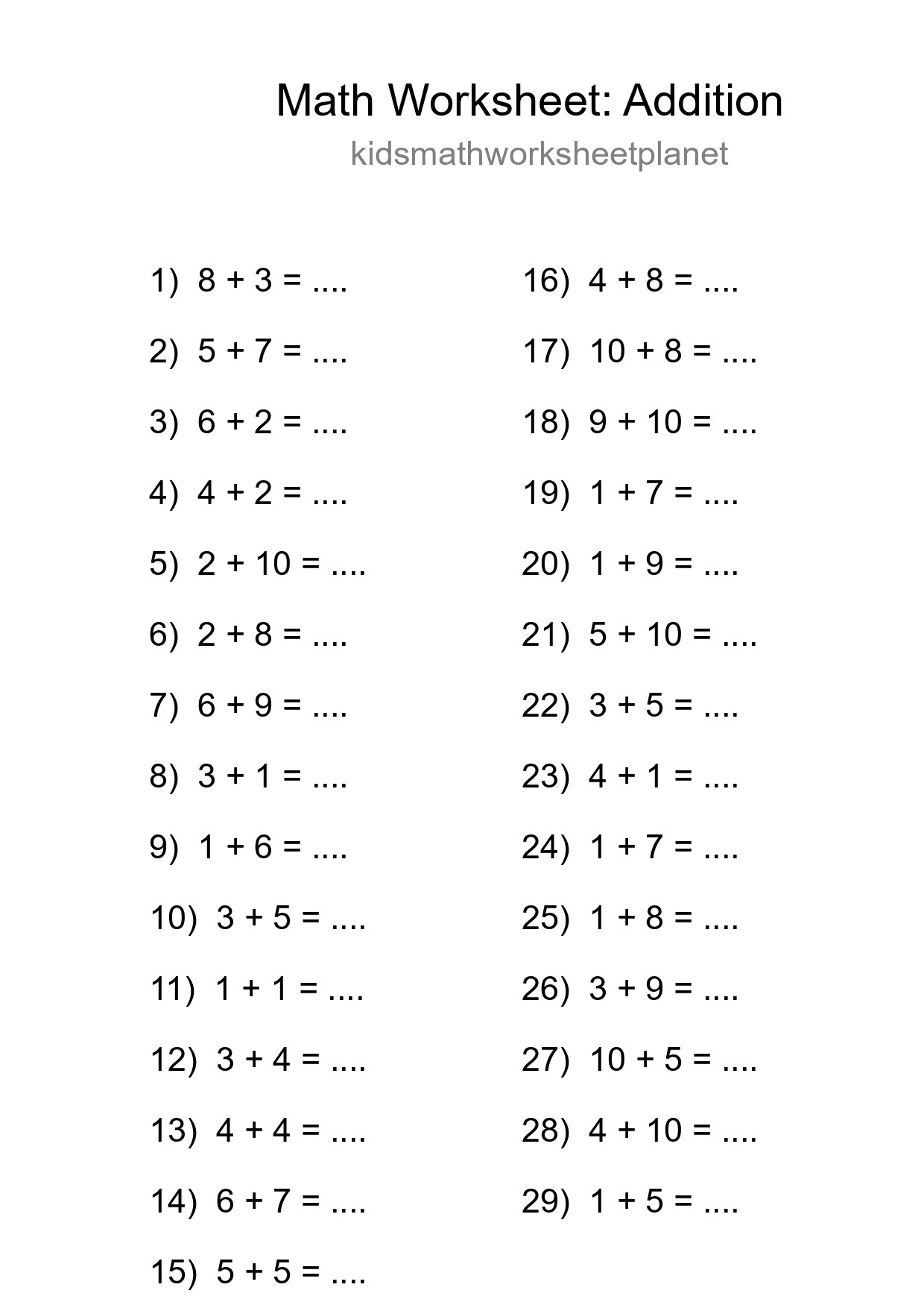 Free 29 Addition Math Worksheet For Grade 1 - Part 298