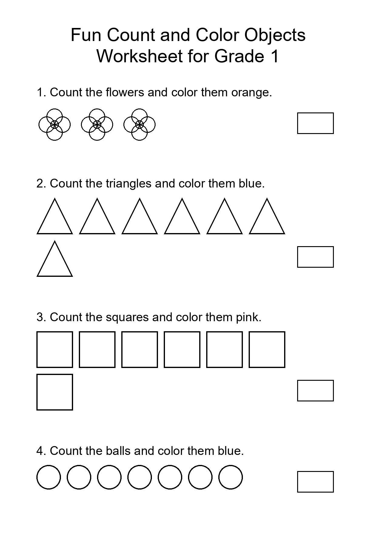 Fun Count and Color Objects Worksheet for Grade 1