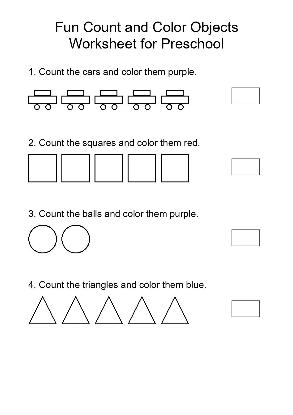 Fun Count and Color Objects Worksheet for Preschool