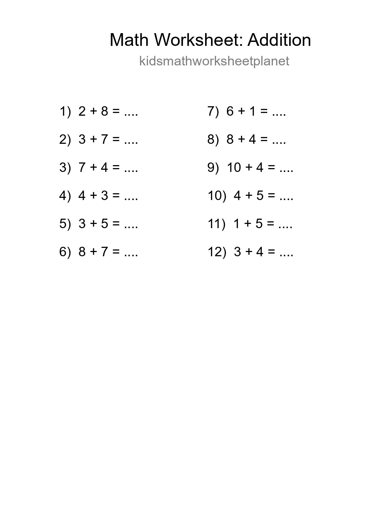 Grade 1 Addition Practice Worksheet (12 Problems) - Part 210