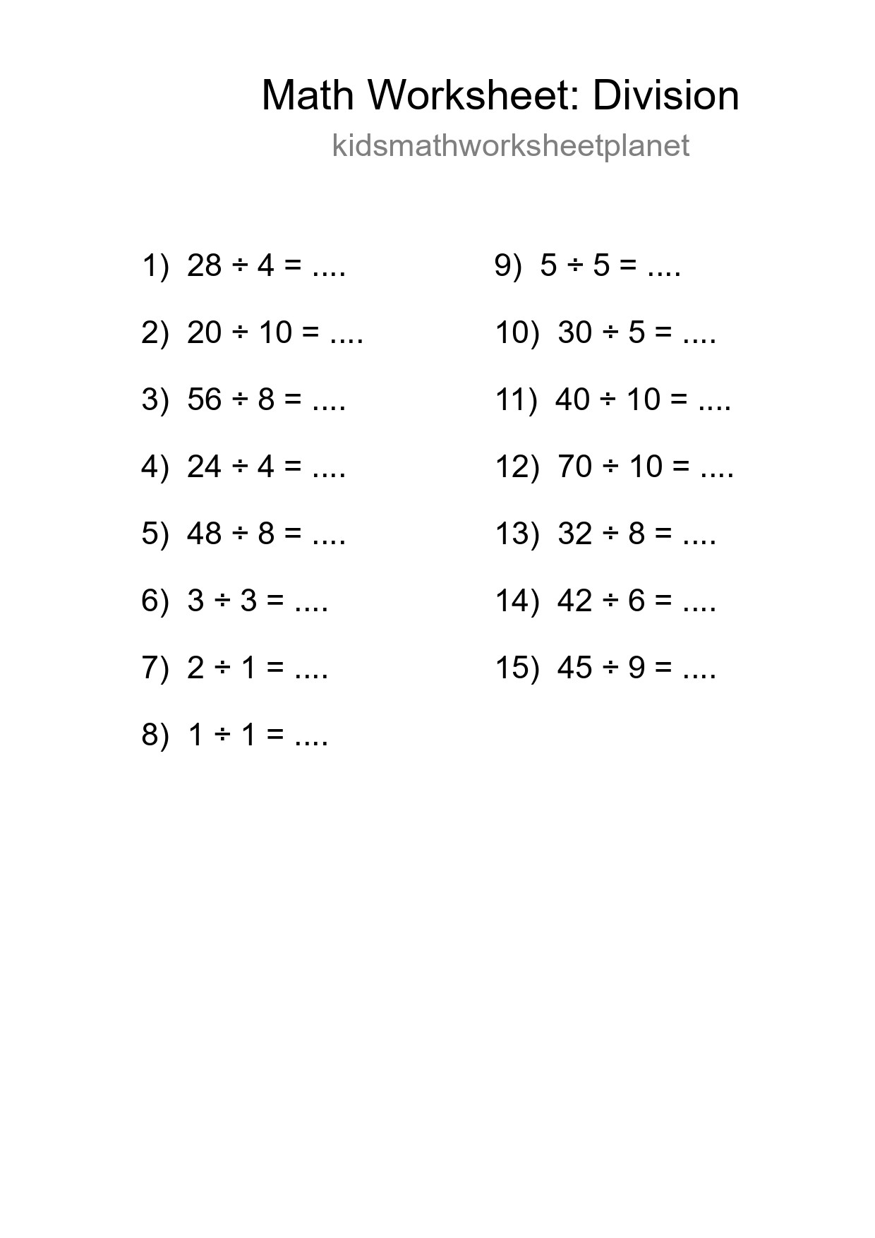 Grade 1 Division Practice Worksheet (15 Problems) - Part 147