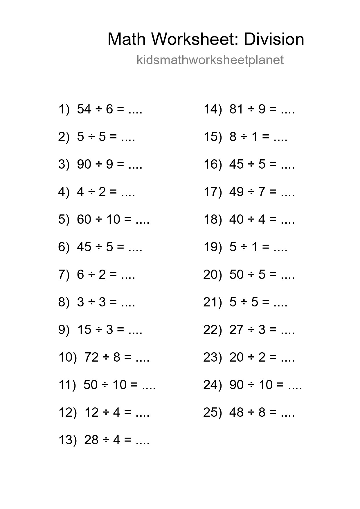 Grade 1 Division Practice Worksheet (25 Problems) - Part 103