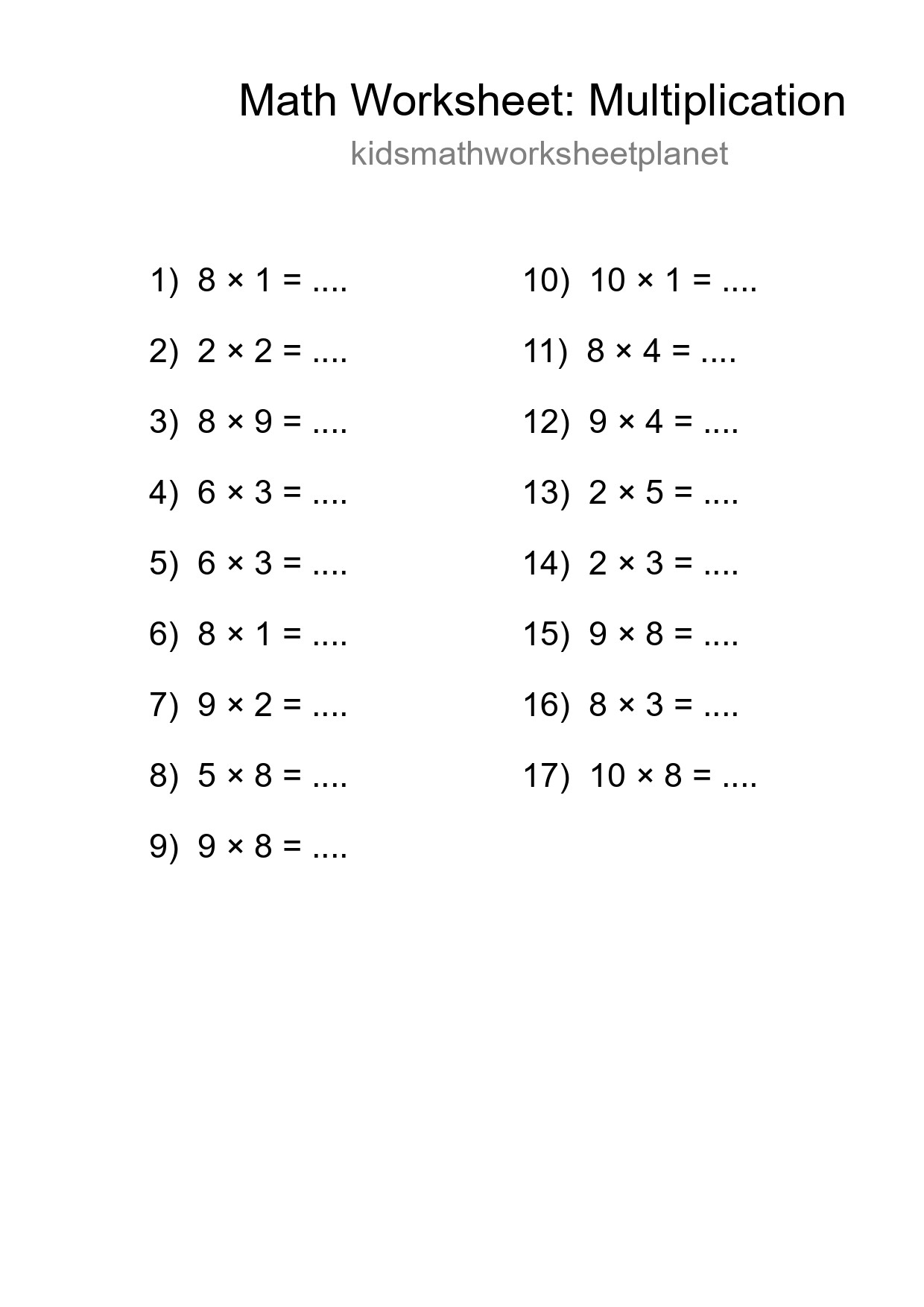 Grade 1 Multiplication Practice Worksheet (17 Problems) - Part 172