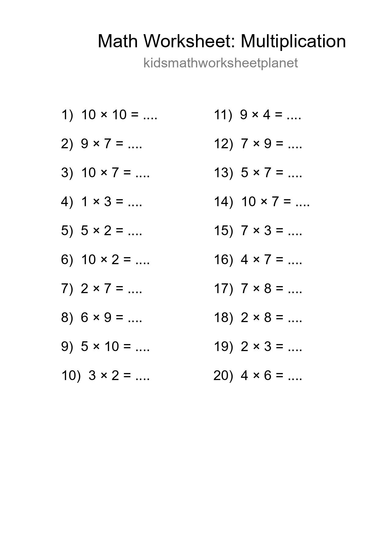 Grade 1 Multiplication Practice Worksheet (20 Problems) - Part 238