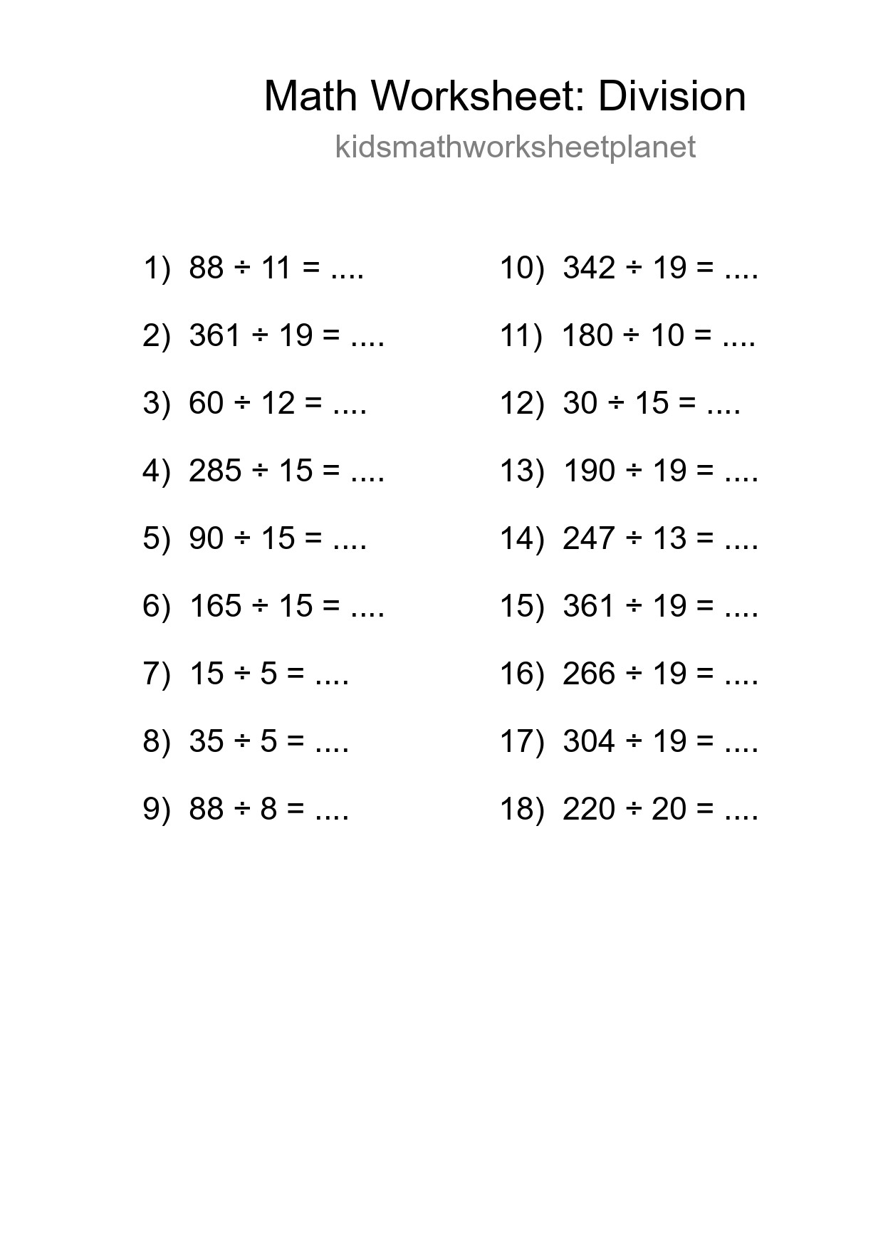 Grade 2 Division Practice Worksheet (18 Problems) - Part 125