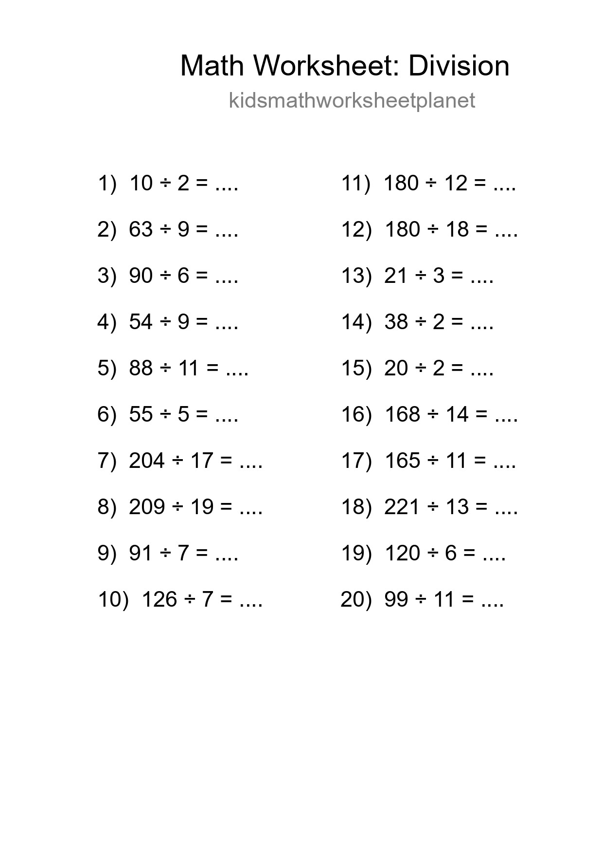 Grade 2 Division Practice Worksheet (20 Problems) - Part 235