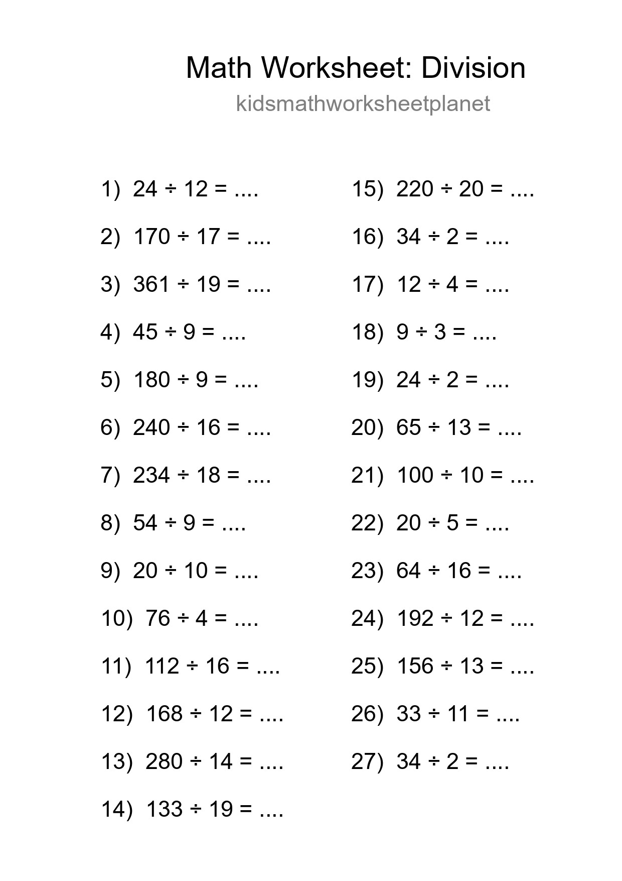 Grade 2 Division Practice Worksheet (27 Problems) - Part 136