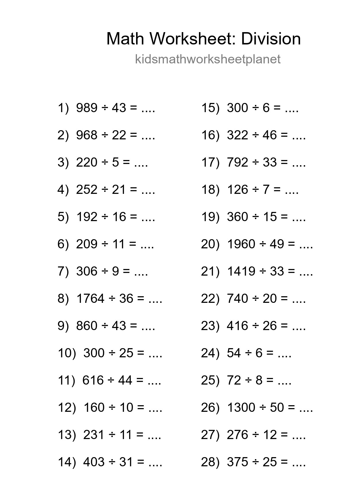 Grade 2 Division Practice Worksheet (28 Problems) - Part 279