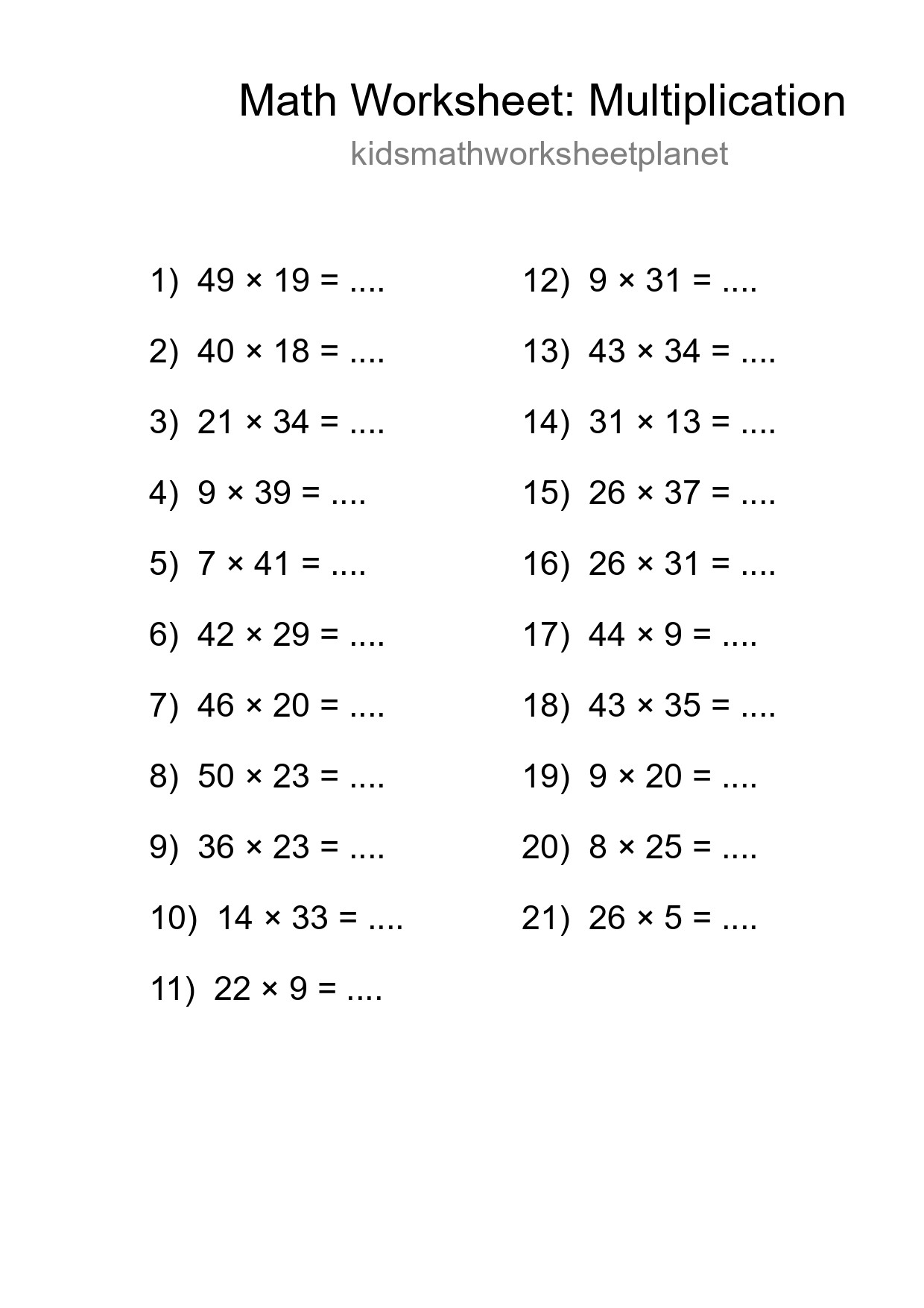 Grade 2 Multiplication Practice Worksheet (21 Problems) - Part 29