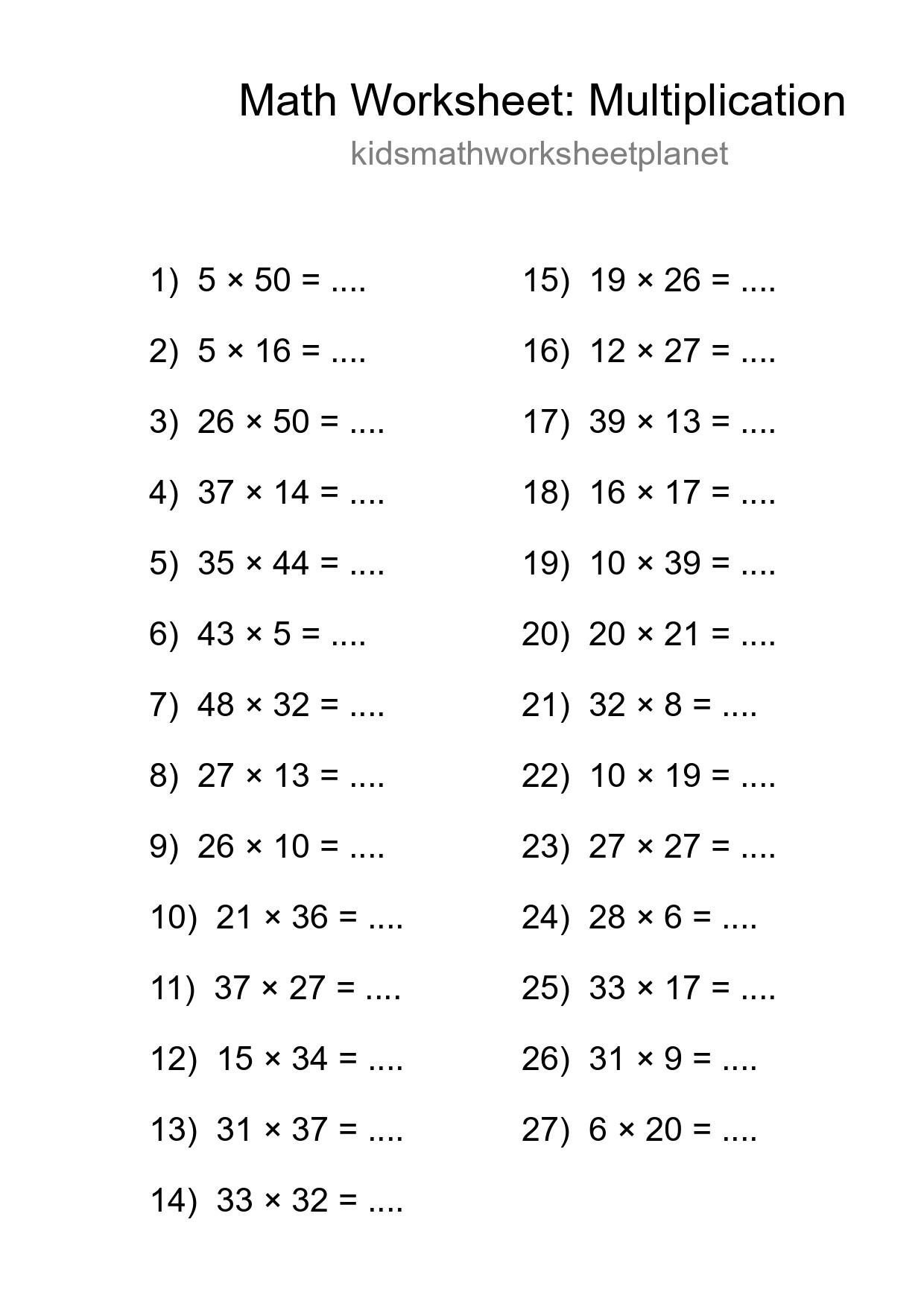 Grade 2 Multiplication Practice Worksheet (27 Problems) - Part 183
