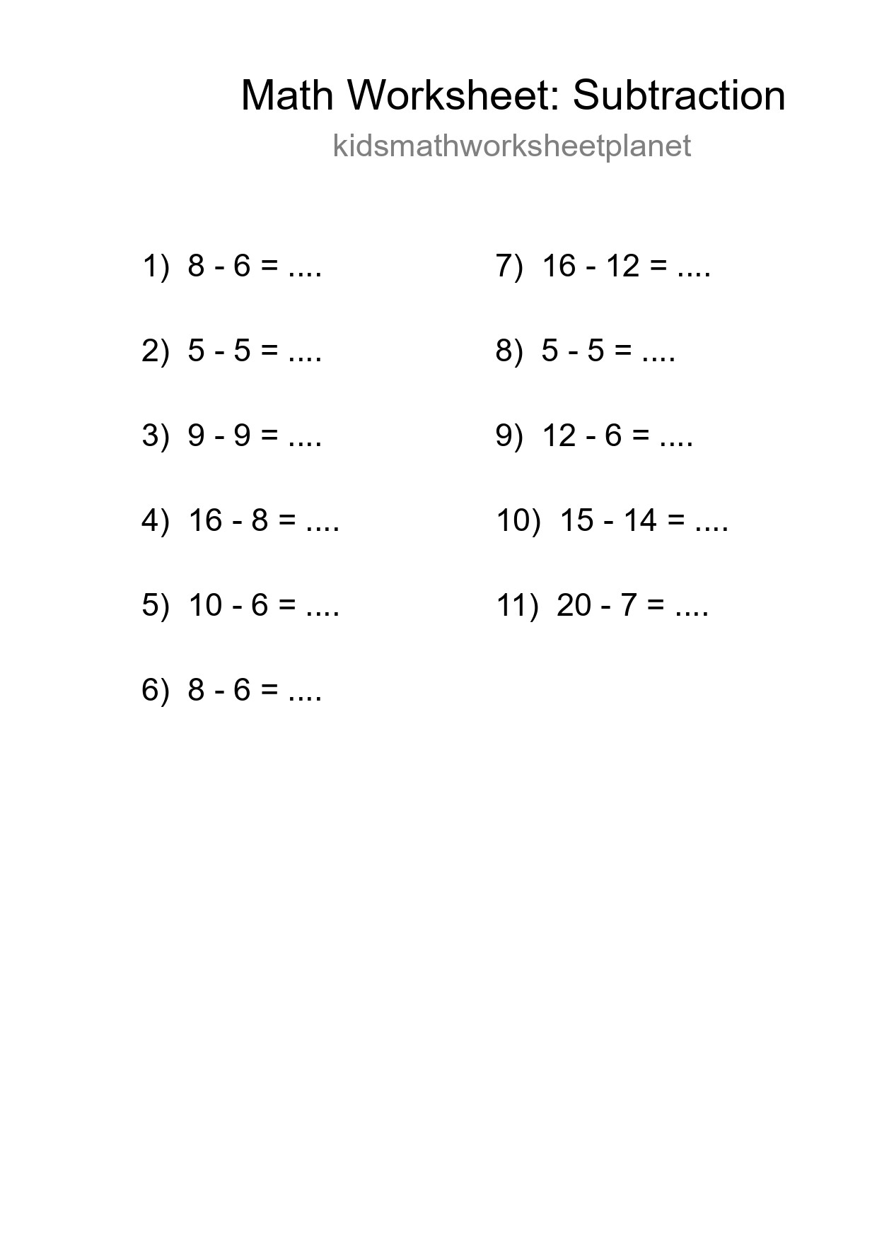 Grade 2 Subtraction Practice Worksheet (11 Problems) - Part 140