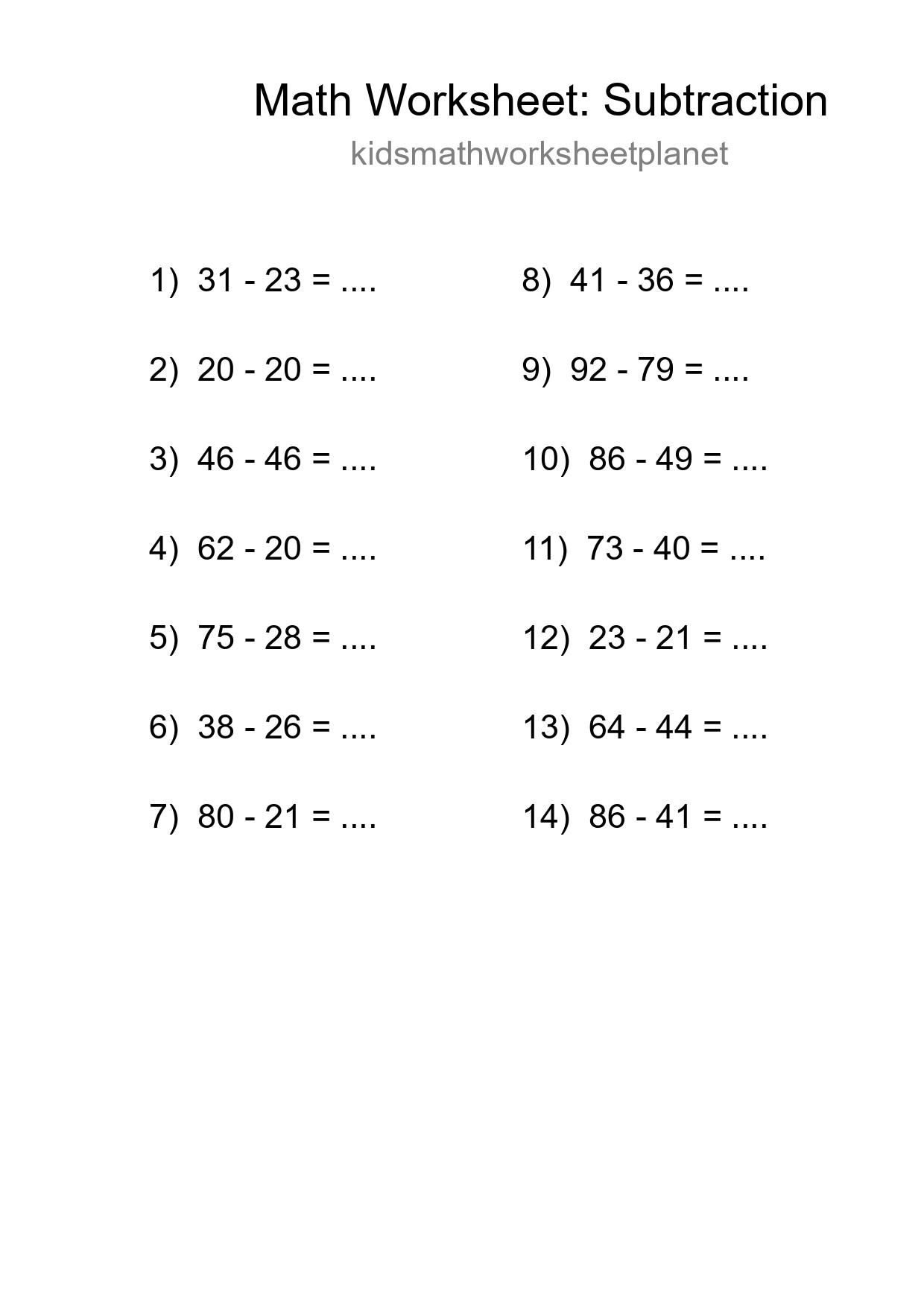 Grade 3 Subtraction Practice Worksheet (14 Problems) - Part 195