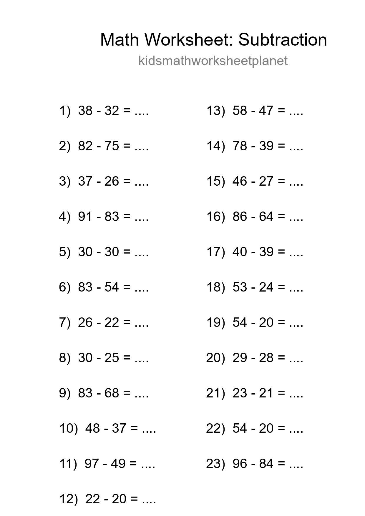 Grade 3 Subtraction Practice Worksheet (23 Problems) - Part 206