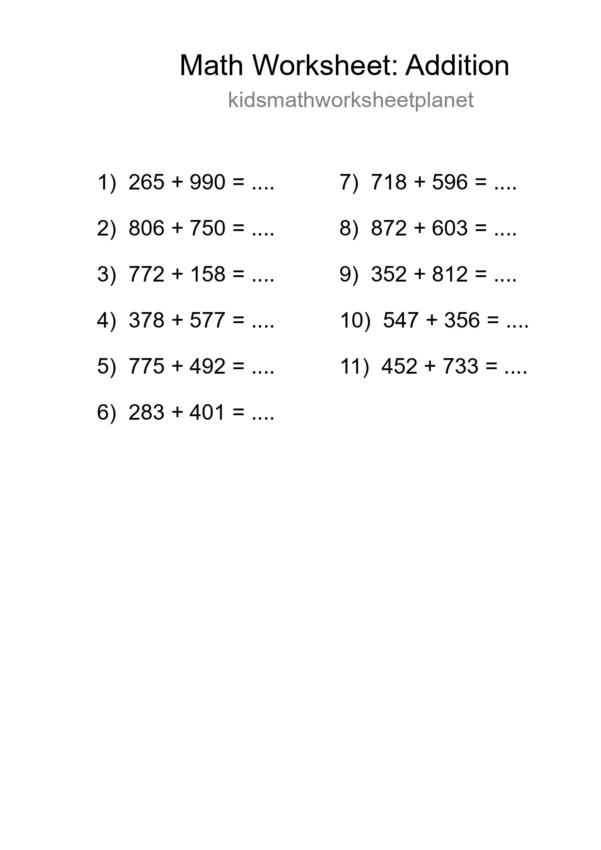Grade 5 Addition Practice Worksheet (11 Problems) - Part 287