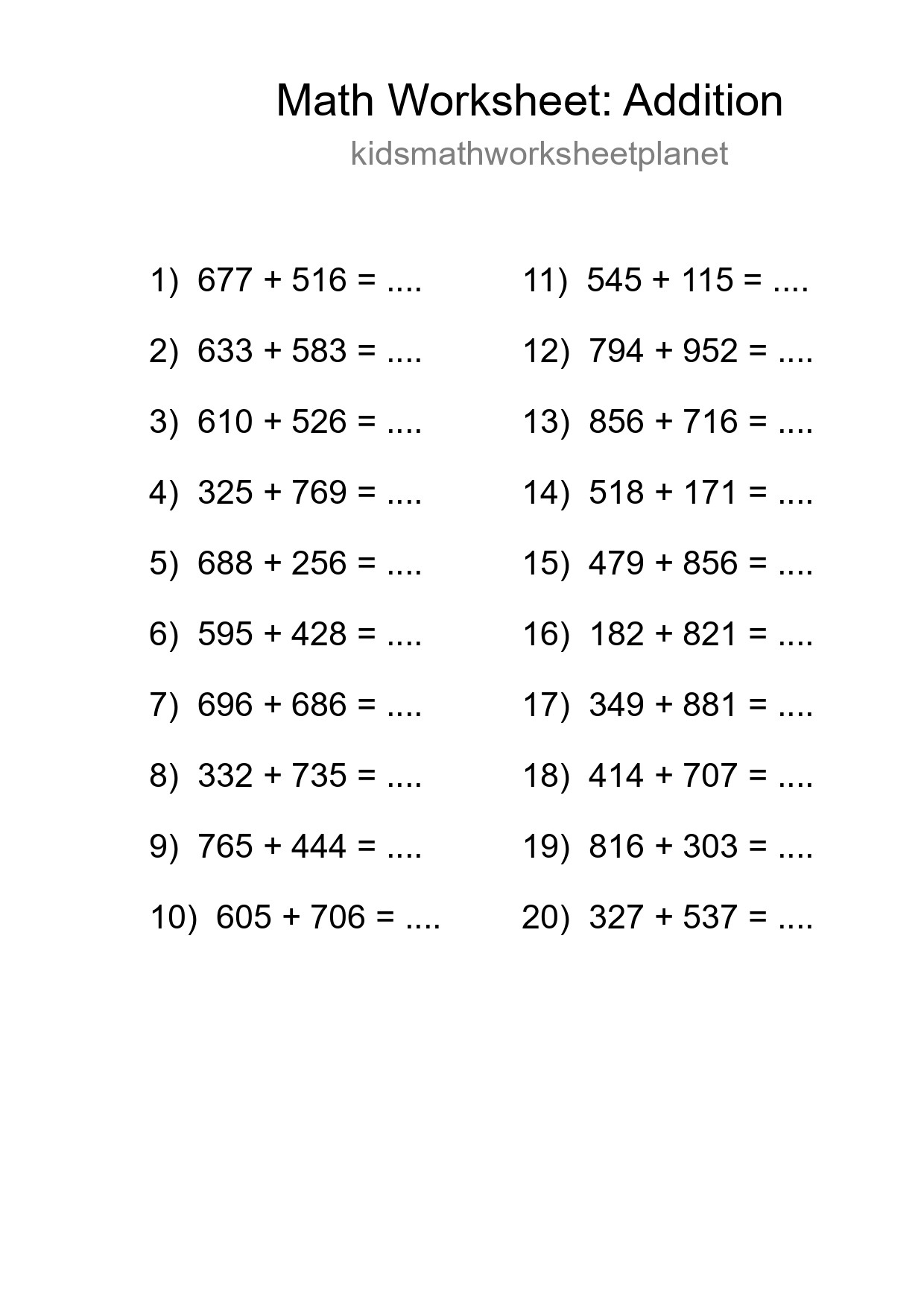 Grade 5 Addition Practice Worksheet (20 Problems) - Part 254