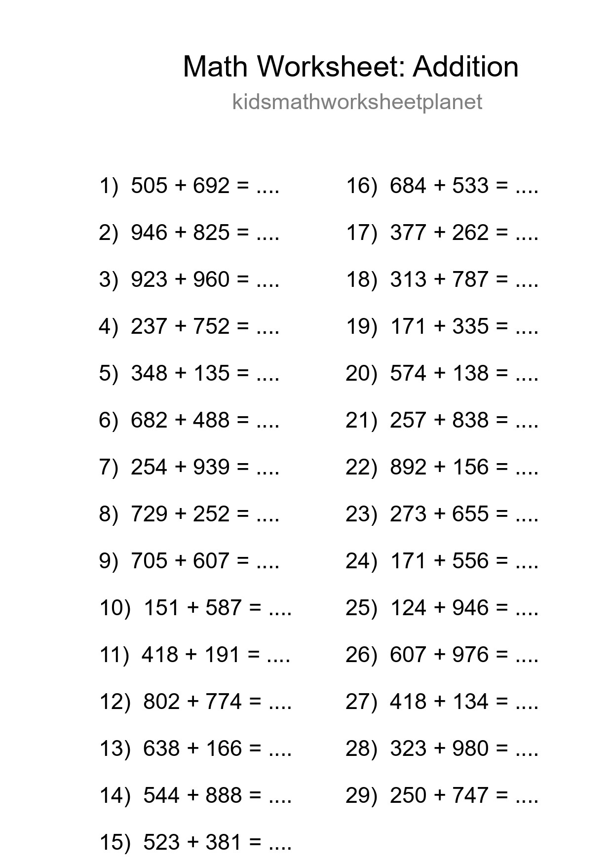 Grade 5 Addition Practice Worksheet (29 Problems) - Part 45