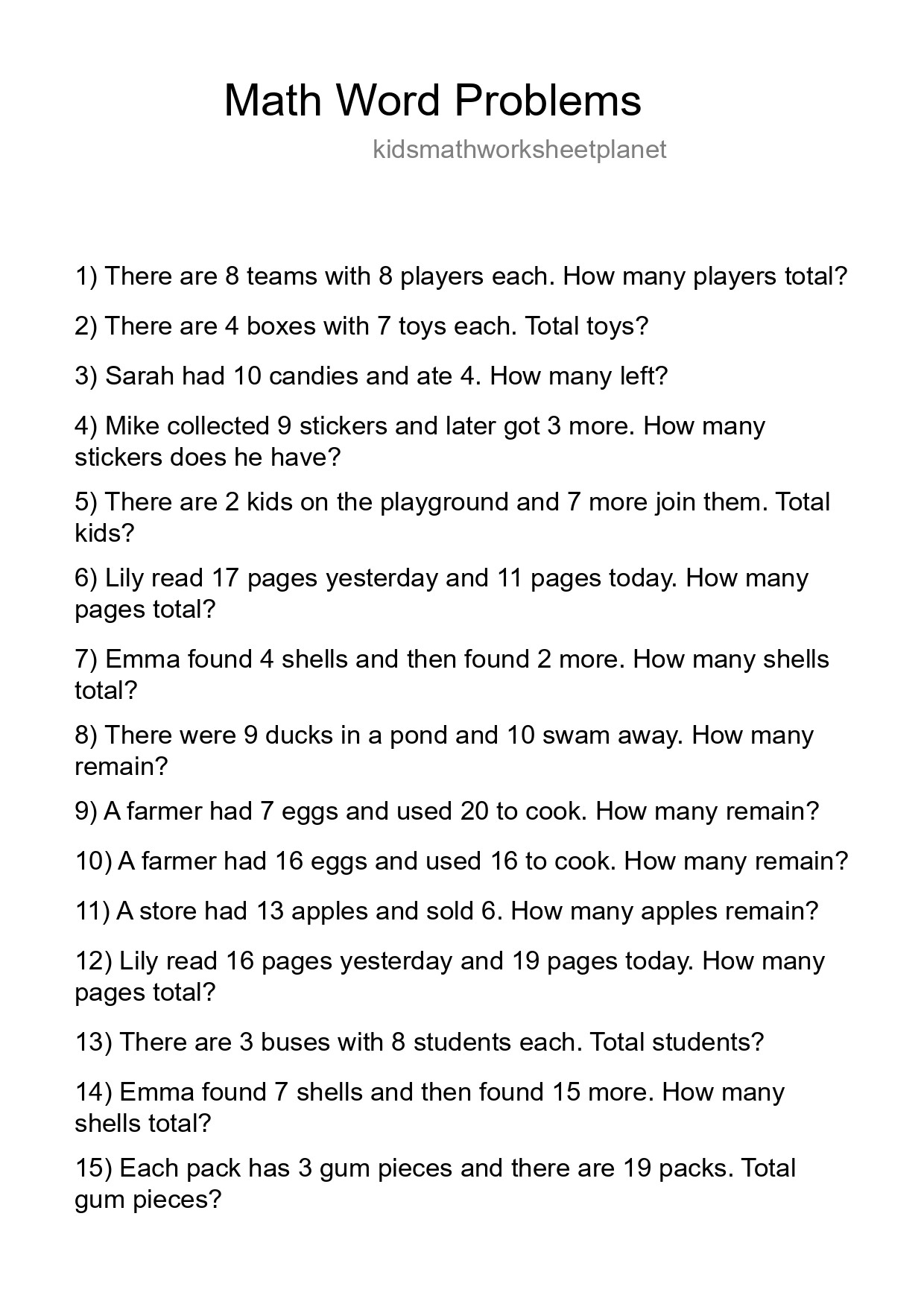 Math Word Problem Worksheet