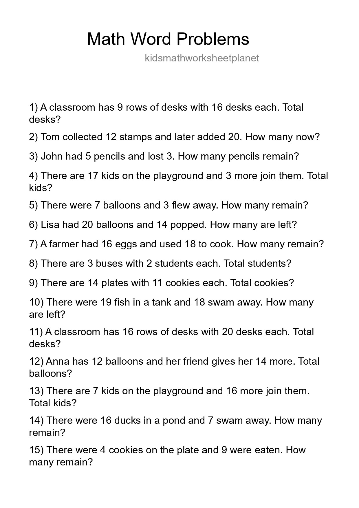 Math Word Problem Worksheet