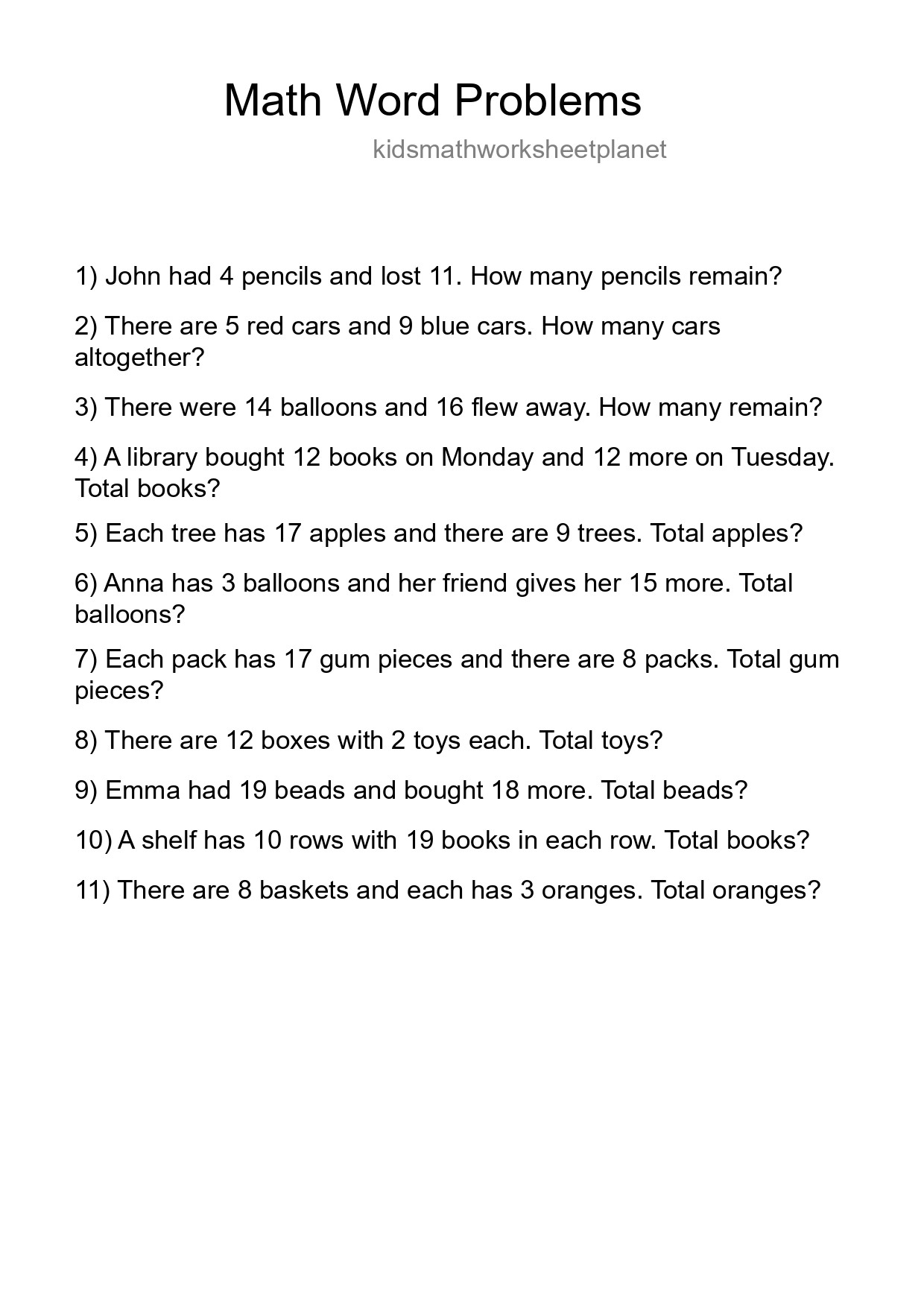 Math Word Problem Worksheet
