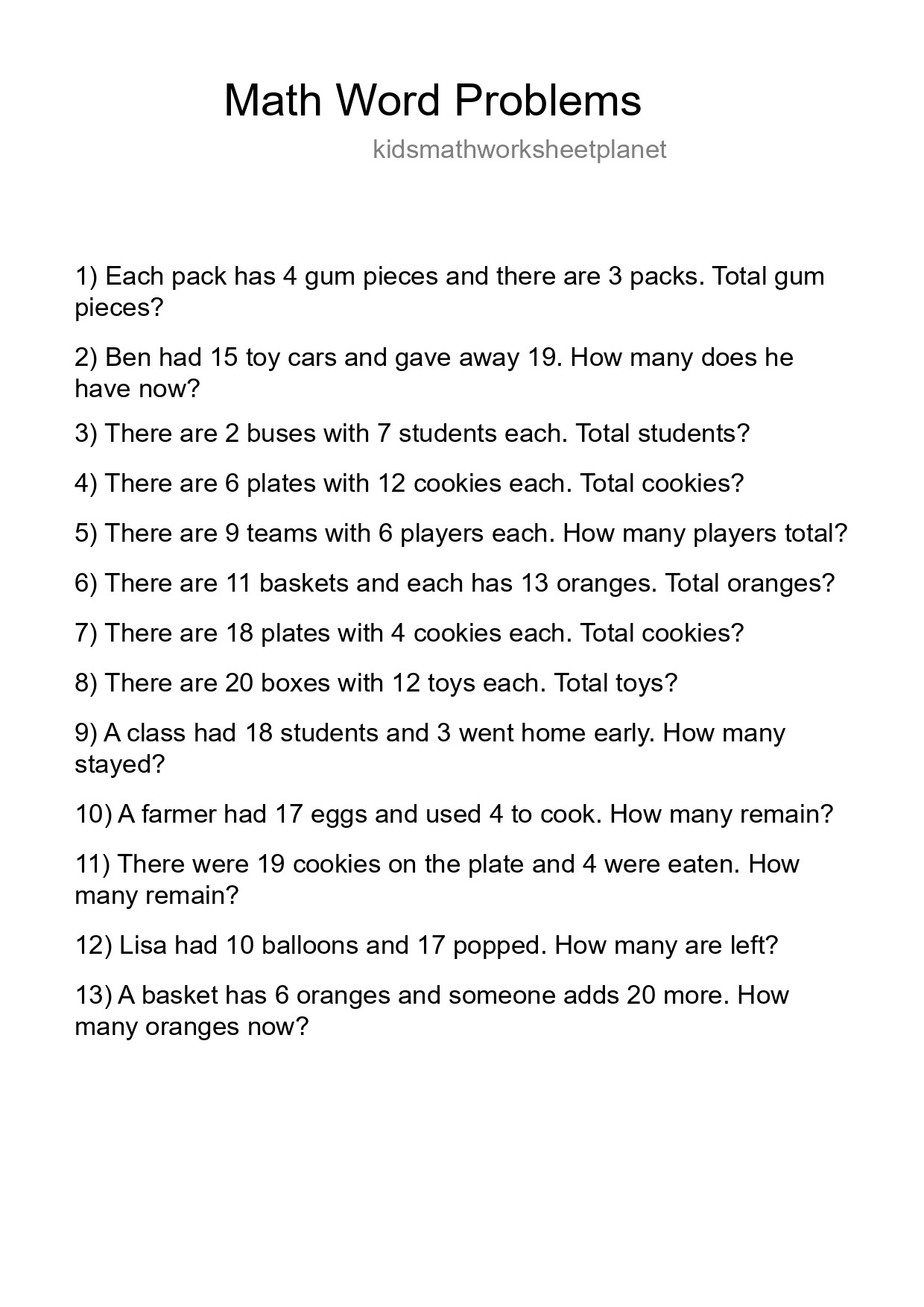 Math Word Problem Worksheet