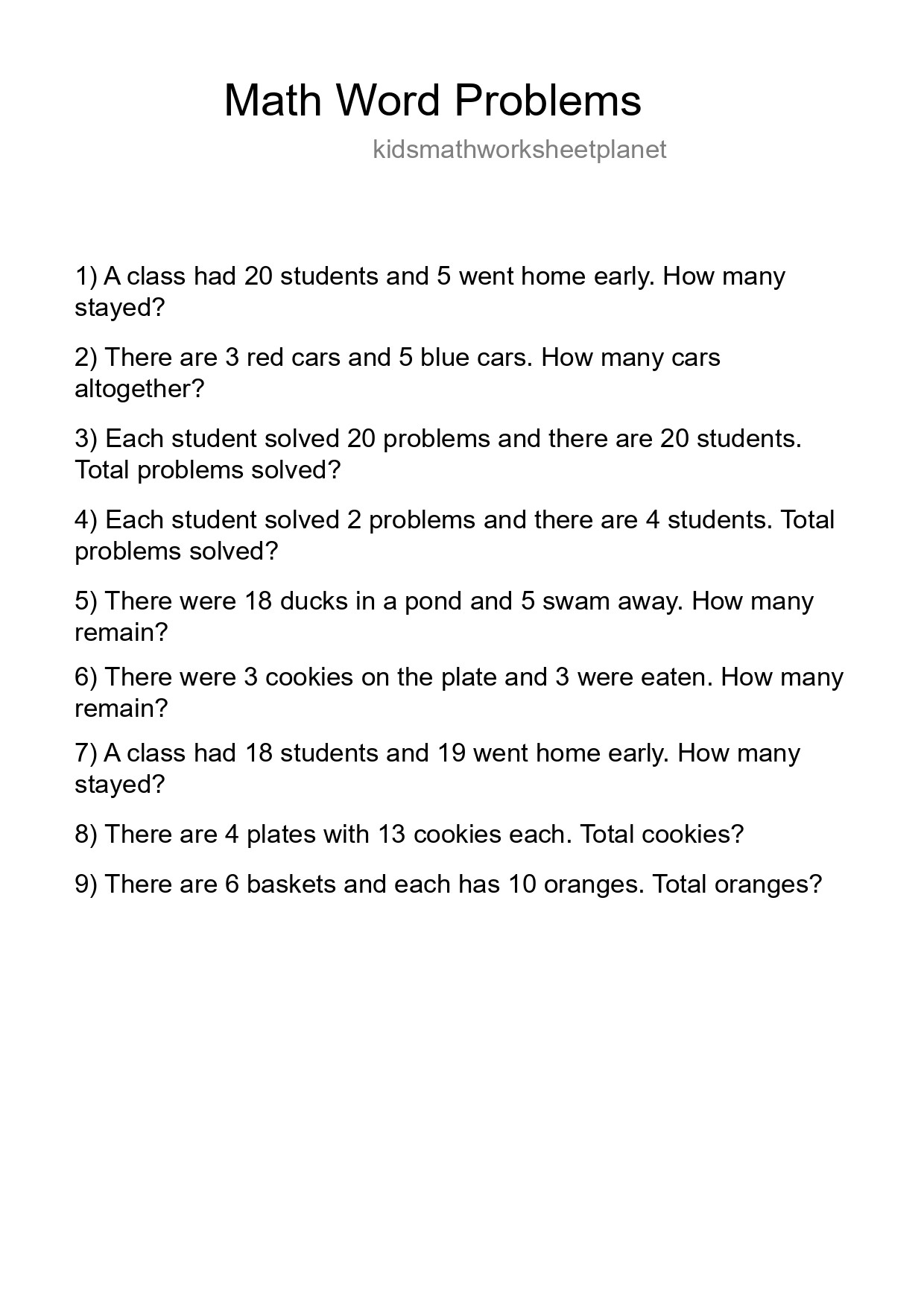 Math Word Problem Worksheet
