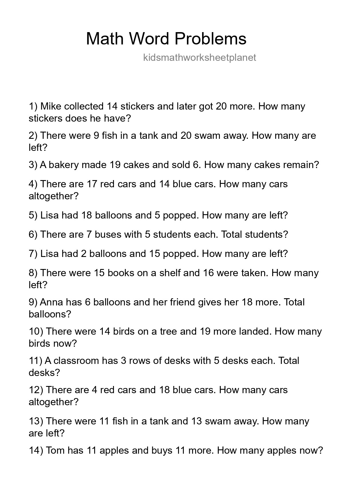 Math Word Problem Worksheet