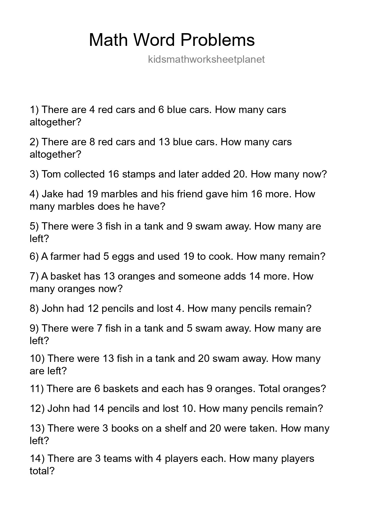 Math Word Problem Worksheet