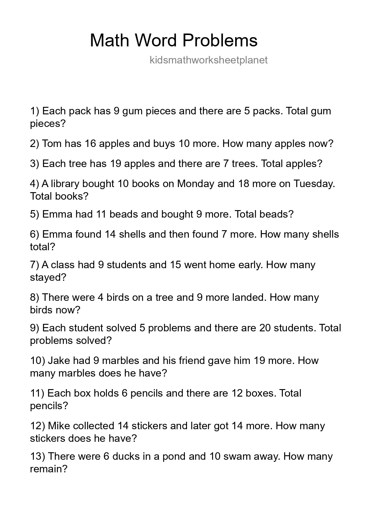 Math Word Problem Worksheet