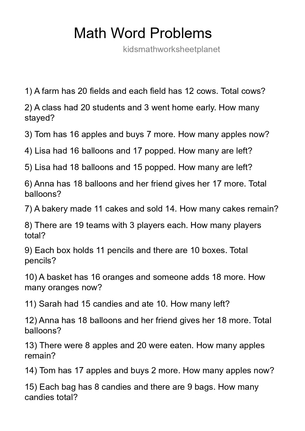 Math Word Problem Worksheet