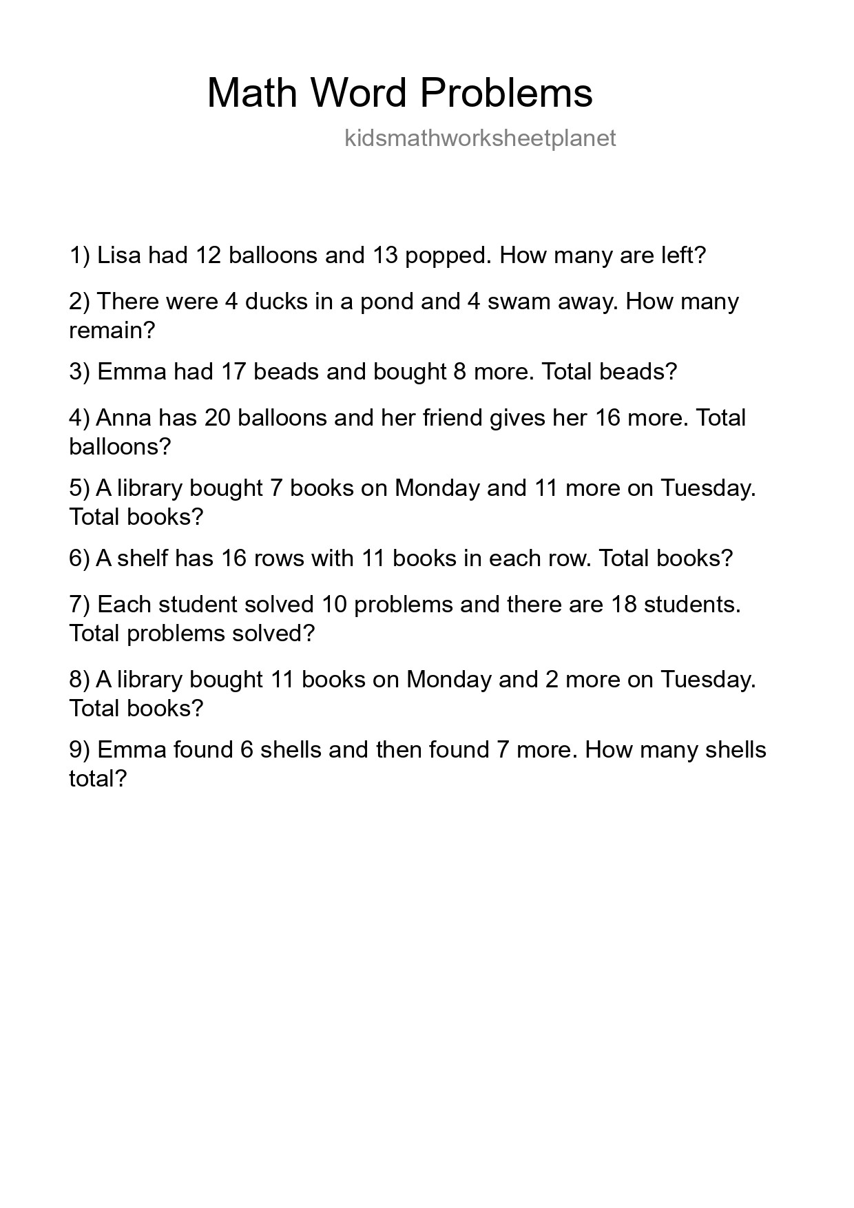 Math Word Problem Worksheet